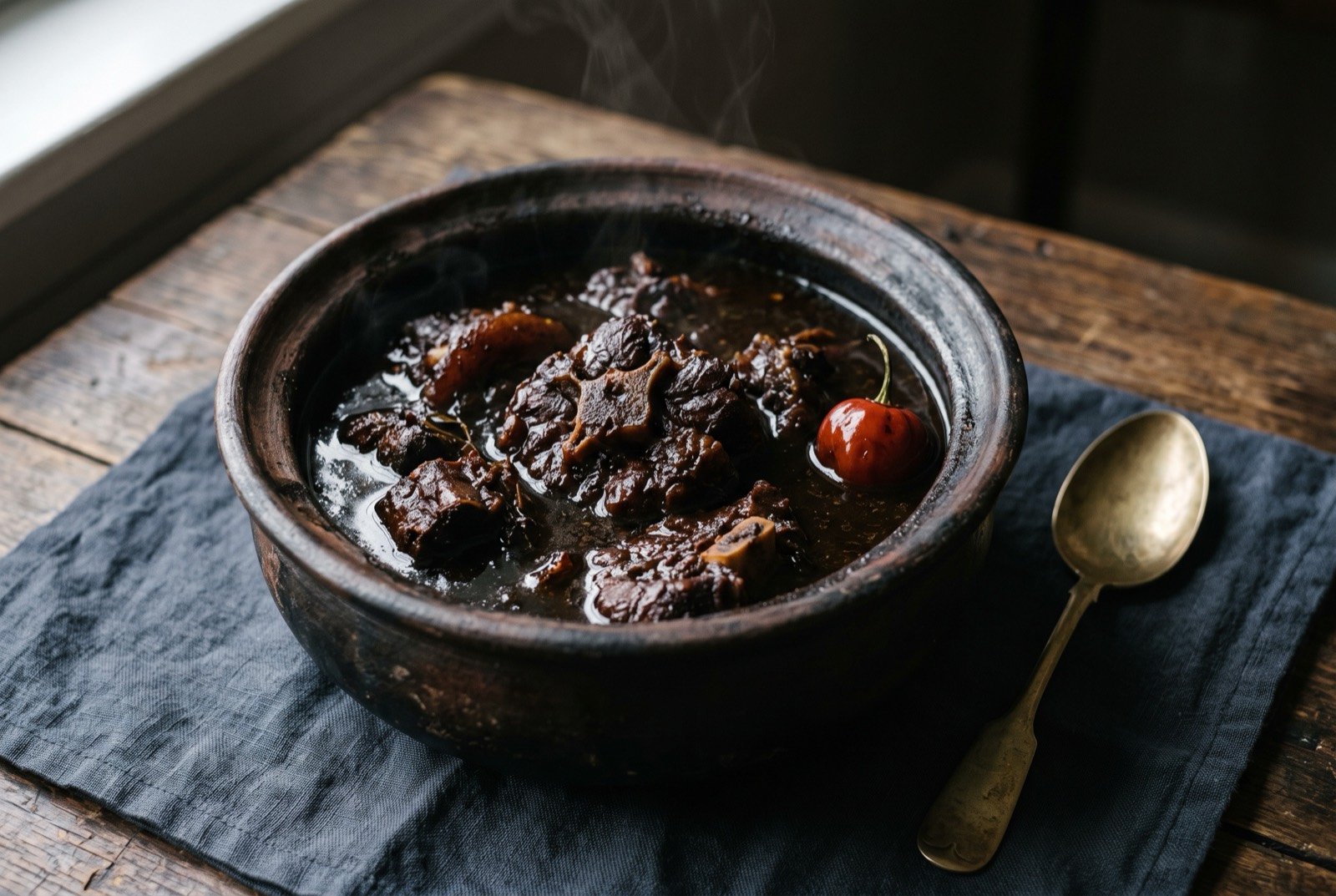 Pepperpot, a near black cassareep braised meat stew: a deep, dark clay pot of thick, near black stew with visible pieces of oxtail and cow heel breaking apart at the surface.