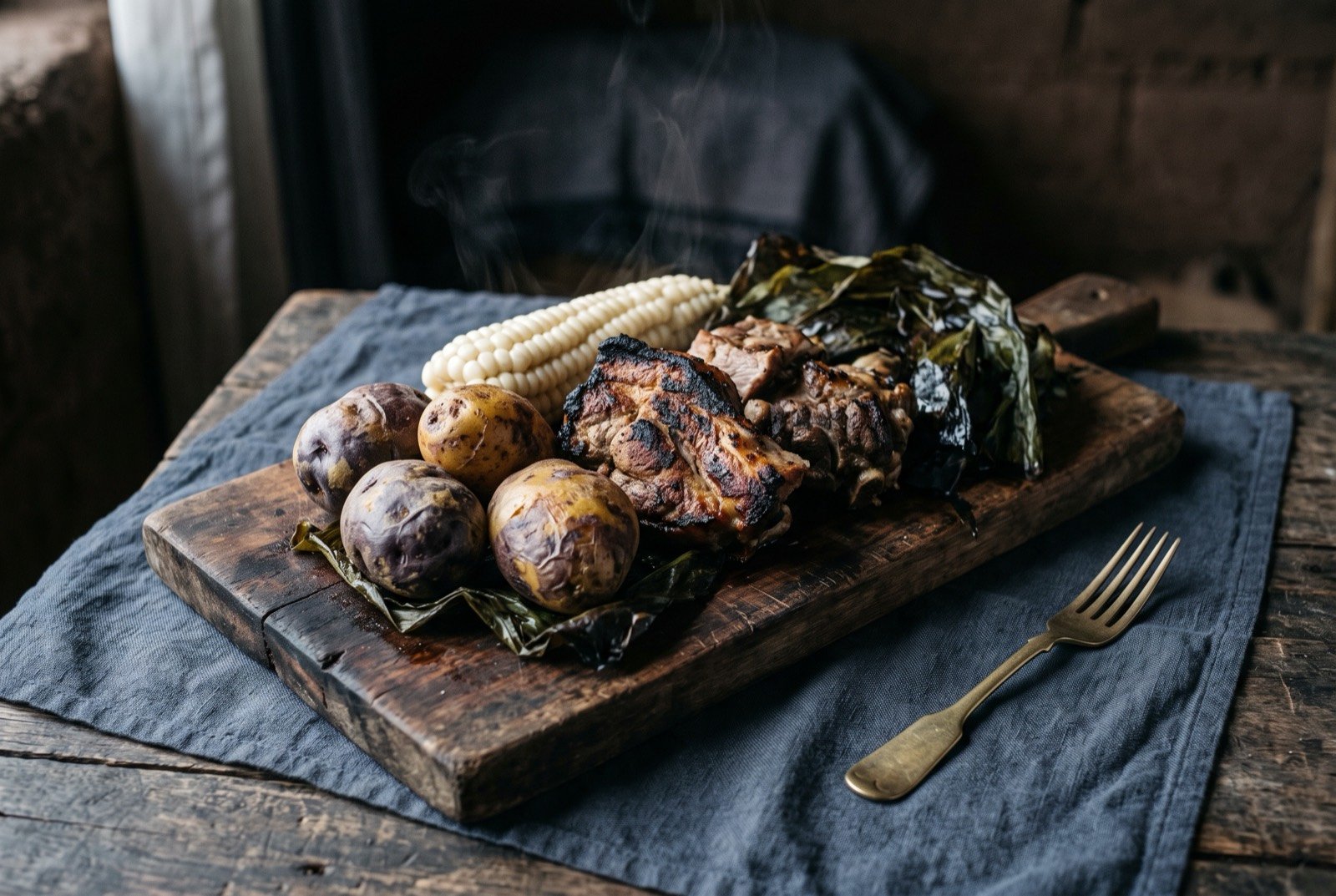 Pachamanca, pit roasted meat and tubers: a rustic wooden board piled with pit roasted pork and mutton pieces, charred and blistered at the edges, alongside whole roasted native potatoes with mottled purple and gold skins.