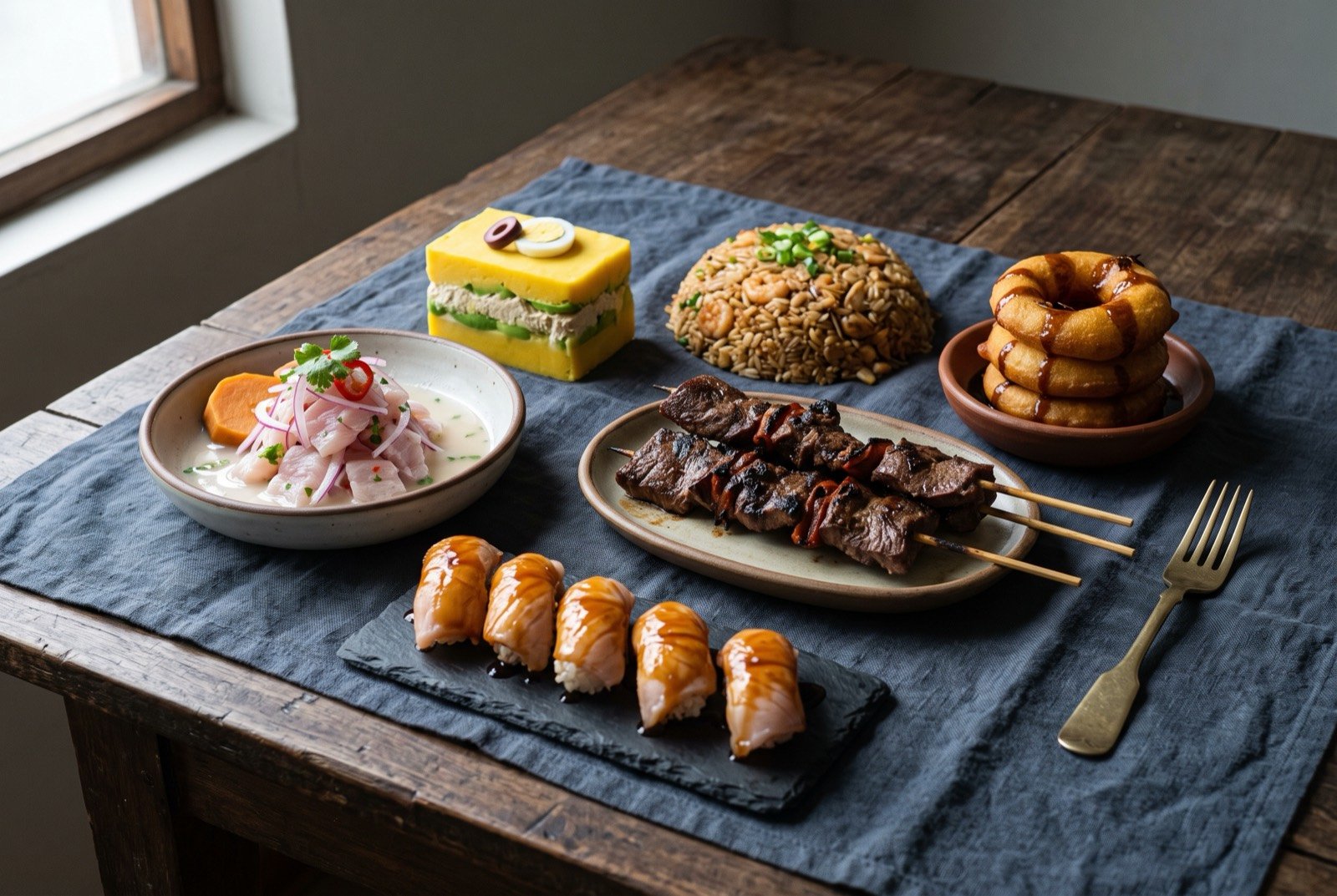 The Lima coastal table: a wide dark wooden table seen from above, a bowl of pale cured ceviche beside a block of yellow causa terrine, a mound of glossy fried chaufa rice.