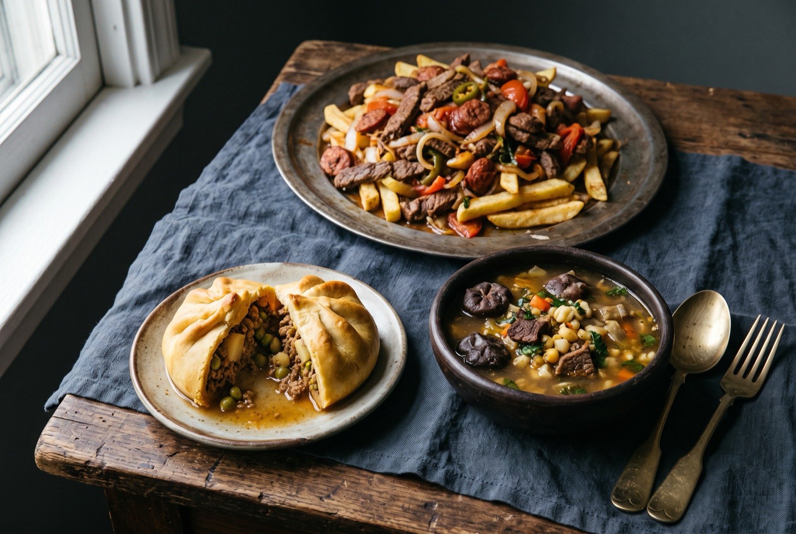 The Bolivian table, chuño, charque and the valley's fresh maize: a wide dark wooden table seen from above, a split, pleated golden salteña with broth glistening at its cut edge beside a chunky bowl of chairo studded with dark chuño.