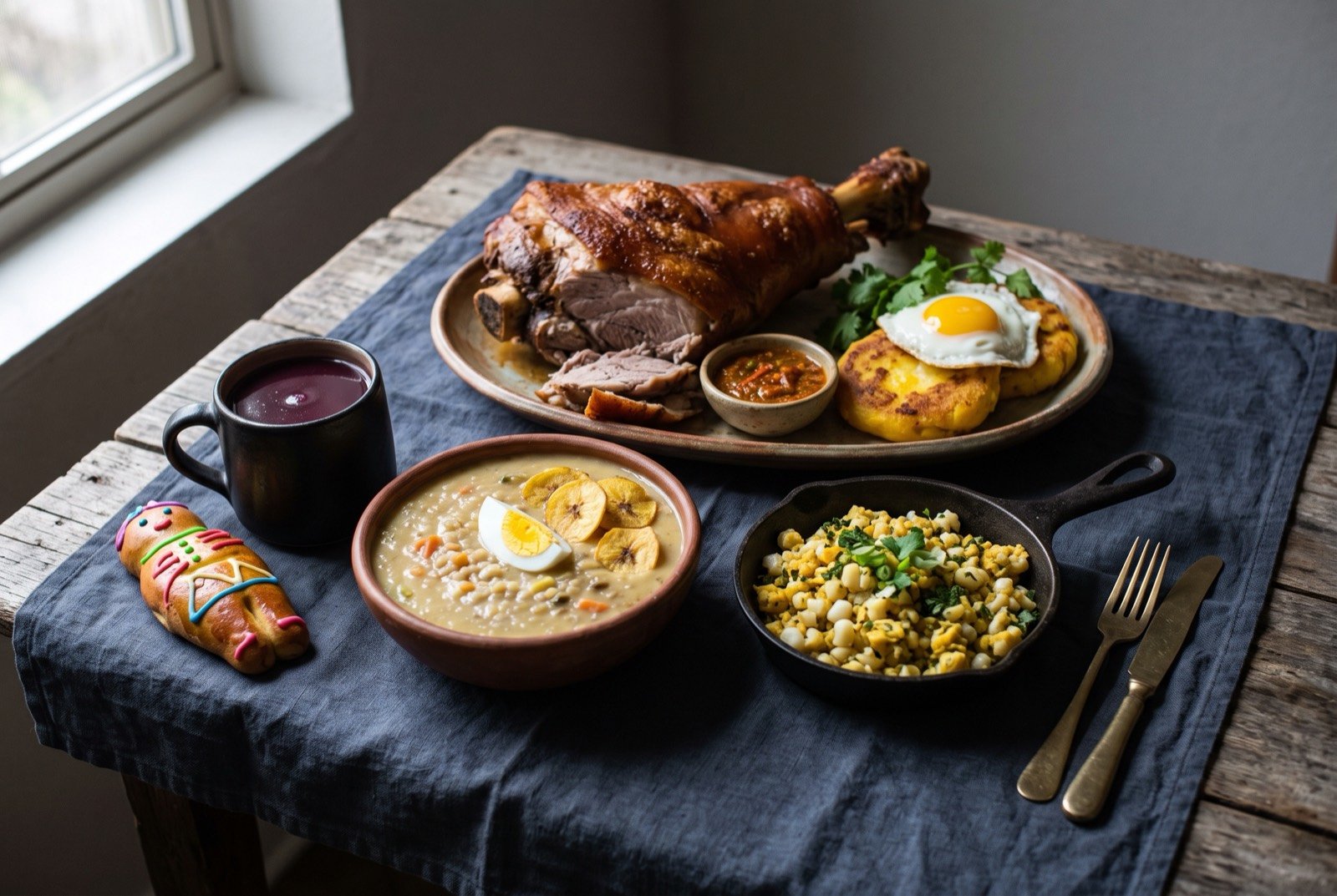 The Ecuadorian Sierra table: a wide dark wooden table seen from above, a whole bronzed hornado leg beside a bowl of pale, grain dense fanesca, a plate of golden llapingacho cakes with a fried egg.
