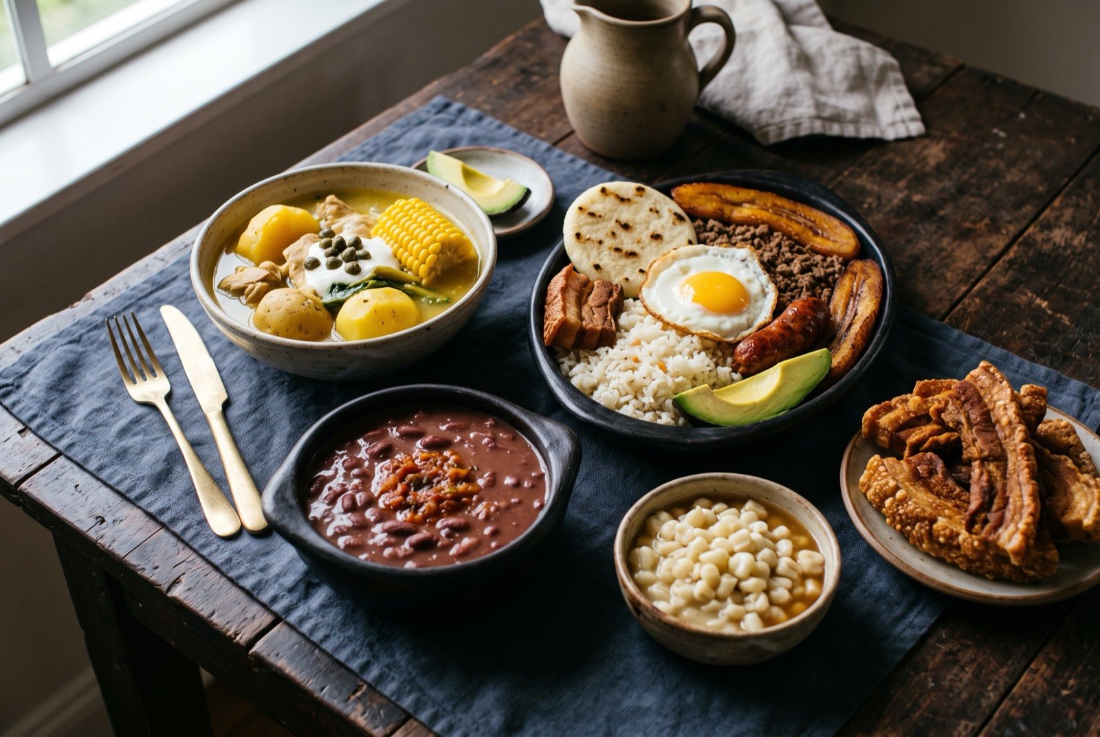 The Colombian Andean interior table: a wide dark wooden table seen from above, a bowl of golden three-potato ajiaco beside a densely composed bandeja paisa with its fried egg and arepa.