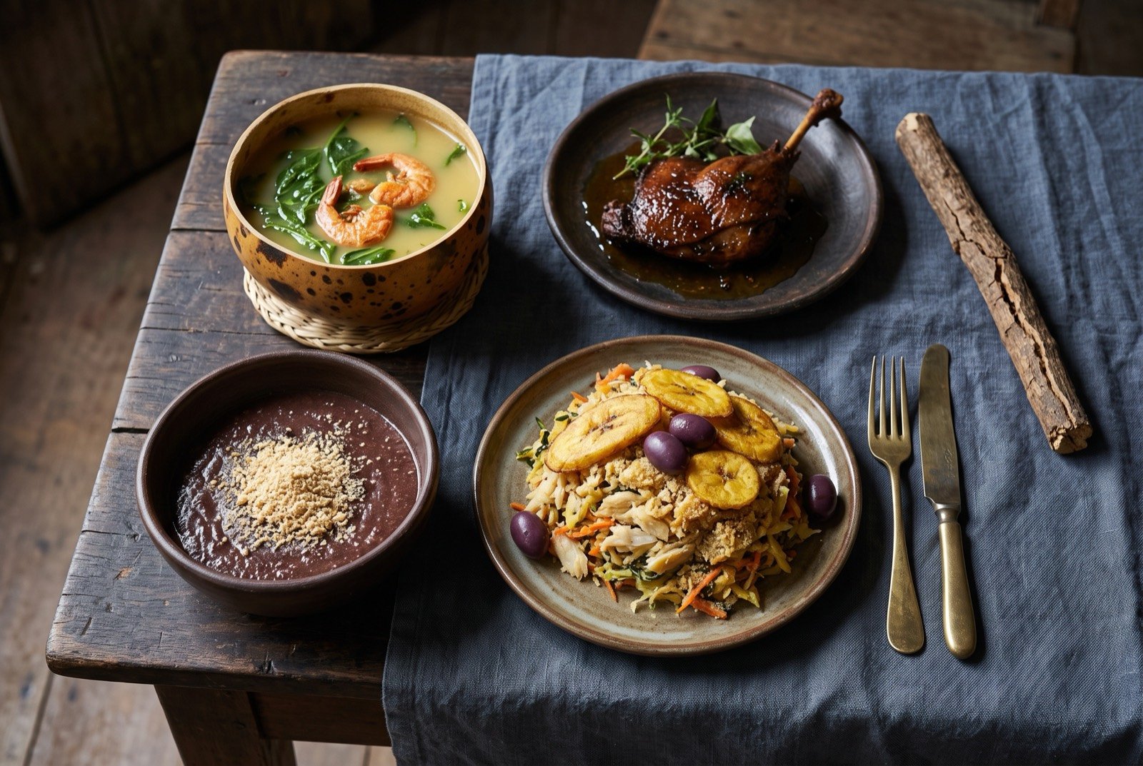 The Brazilian Amazonia table: a wide dark wooden table seen from above, a cuia gourd of pale yellow tacaca with jambu leaves and dried shrimp beside a dark bronzed duck leg glazed in tucupi.
