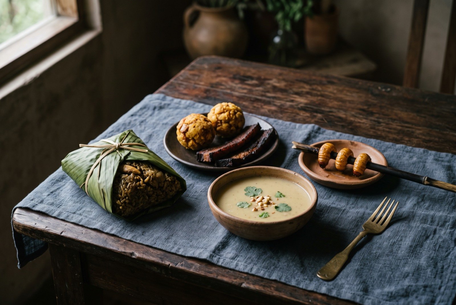 The Andean Amazon table: a wide dark wooden table seen from above, a tied bijao-leaf parcel of juane beside two golden balls of tacacho con cecina and dark cecina strips.
