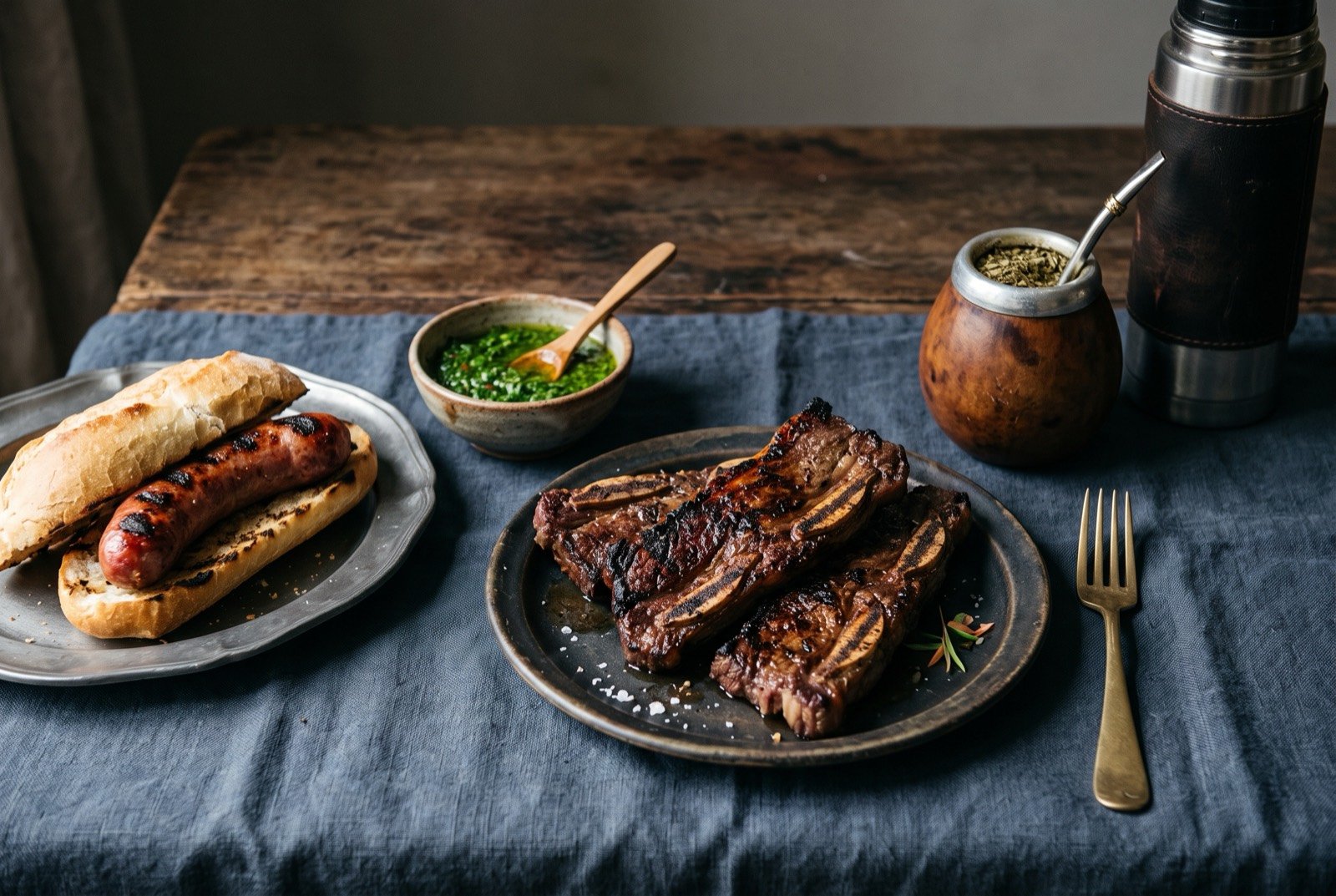 The Río de la Plata table: a wide dark wooden table seen from above, a board of grilled short ribs and flank steak beside a small dish of bright green chimichurri.