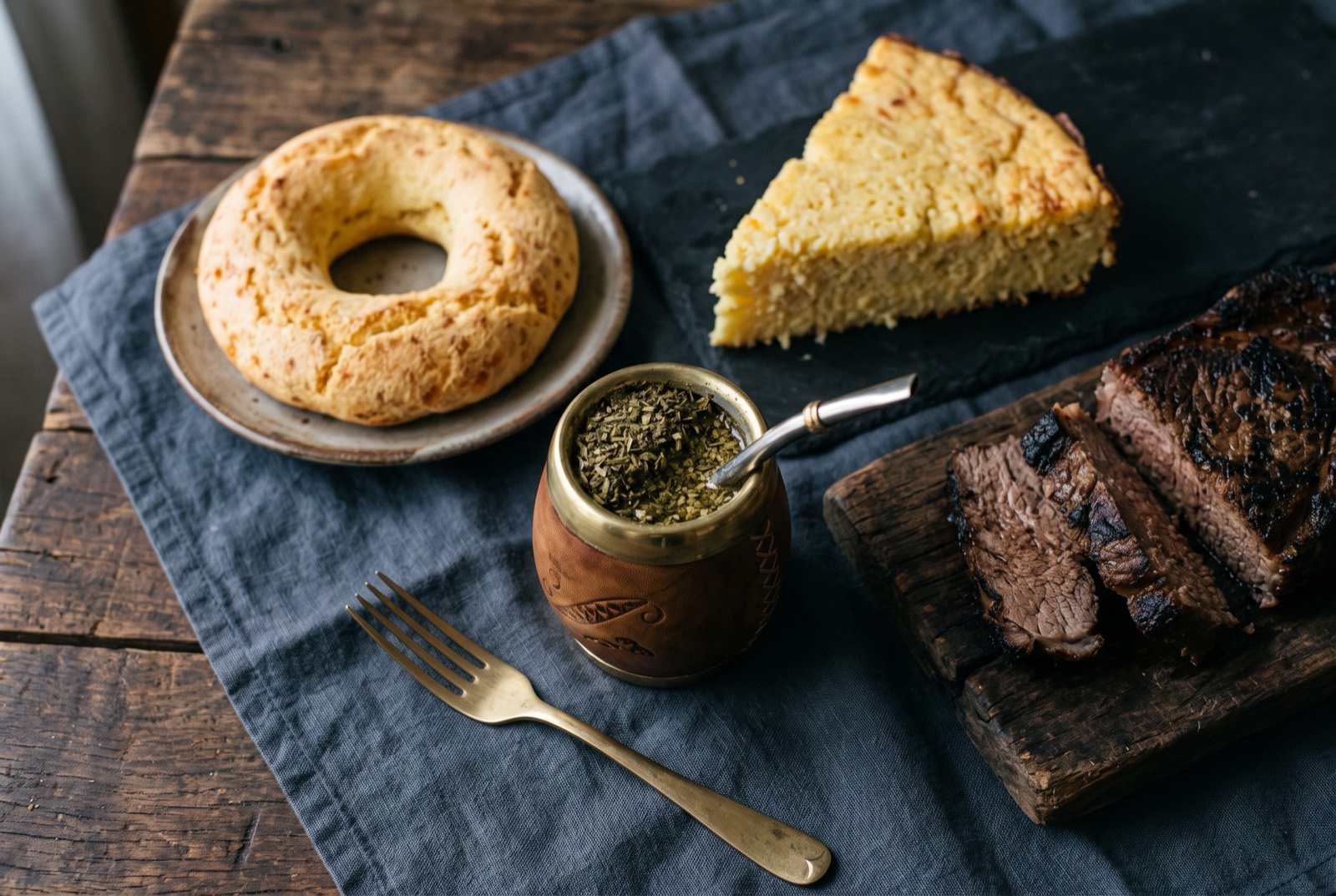 The Paraguay table: a wide dark wooden table seen from above, a plate of golden chipa rolls beside a square of cut sopa paraguaya, a bowl of bright orange kivevé porridge.