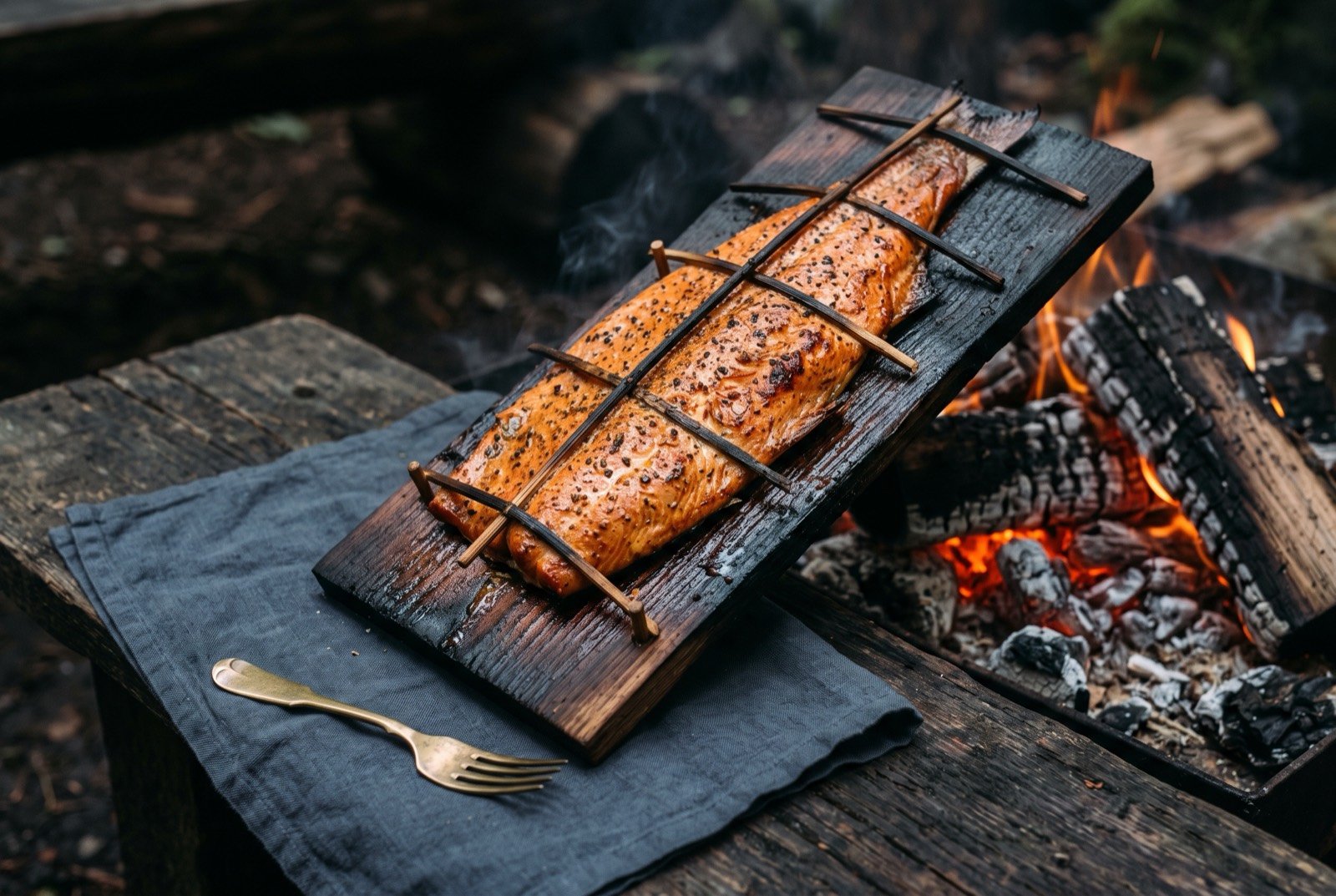 Cedar plank salmon, a whole side of salmon roasted beside an open fire on soaked cedar: a whole split side of salmon pinned flat with thin cross sticks to a dark, water soaked cedar plank propped at an angle beside glowing embers.