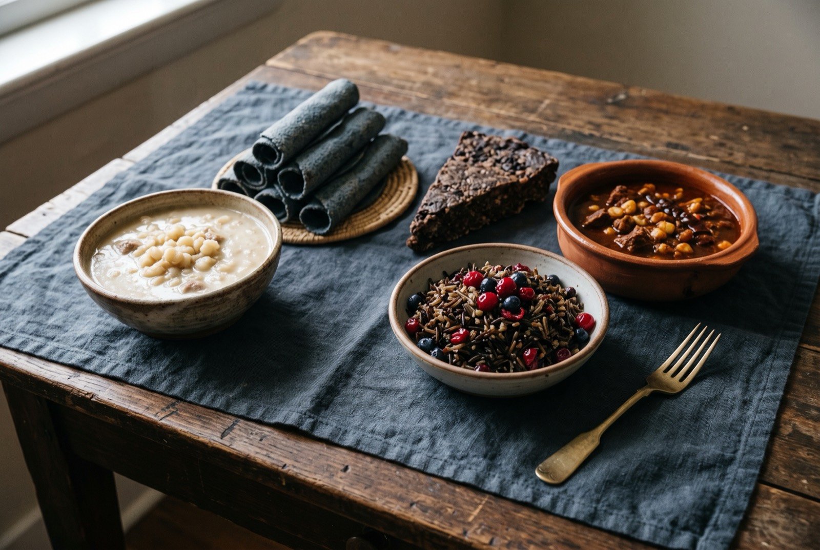 The Woodlands, Plains and Southwest Indigenous table: a wide dark wooden table seen from above, a bowl of pale pashofa beside a stack of rolled blue piki bread, a wedge of dark pemmican.