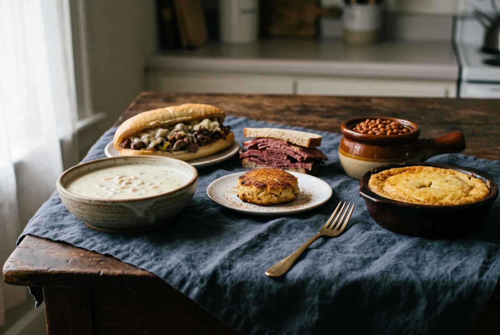 The New England, Mid-Atlantic and Atlantic Canada table: a wide dark wooden table seen from above, a bowl of pale New England clam chowder beside an overstuffed Philadelphia cheesesteak.