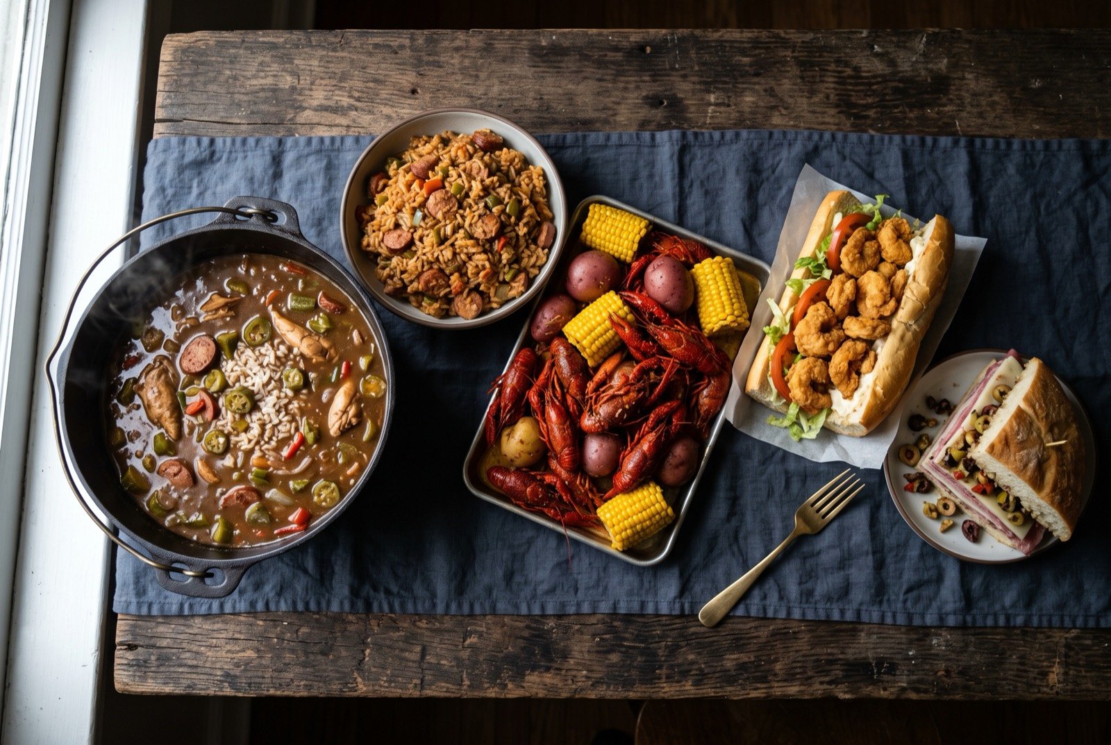 The Cajun and Creole Louisiana table: a wide dark wooden table seen from above, a pot of dark mahogany chicken and andouille gumbo beside a mound of bronze jambalaya.