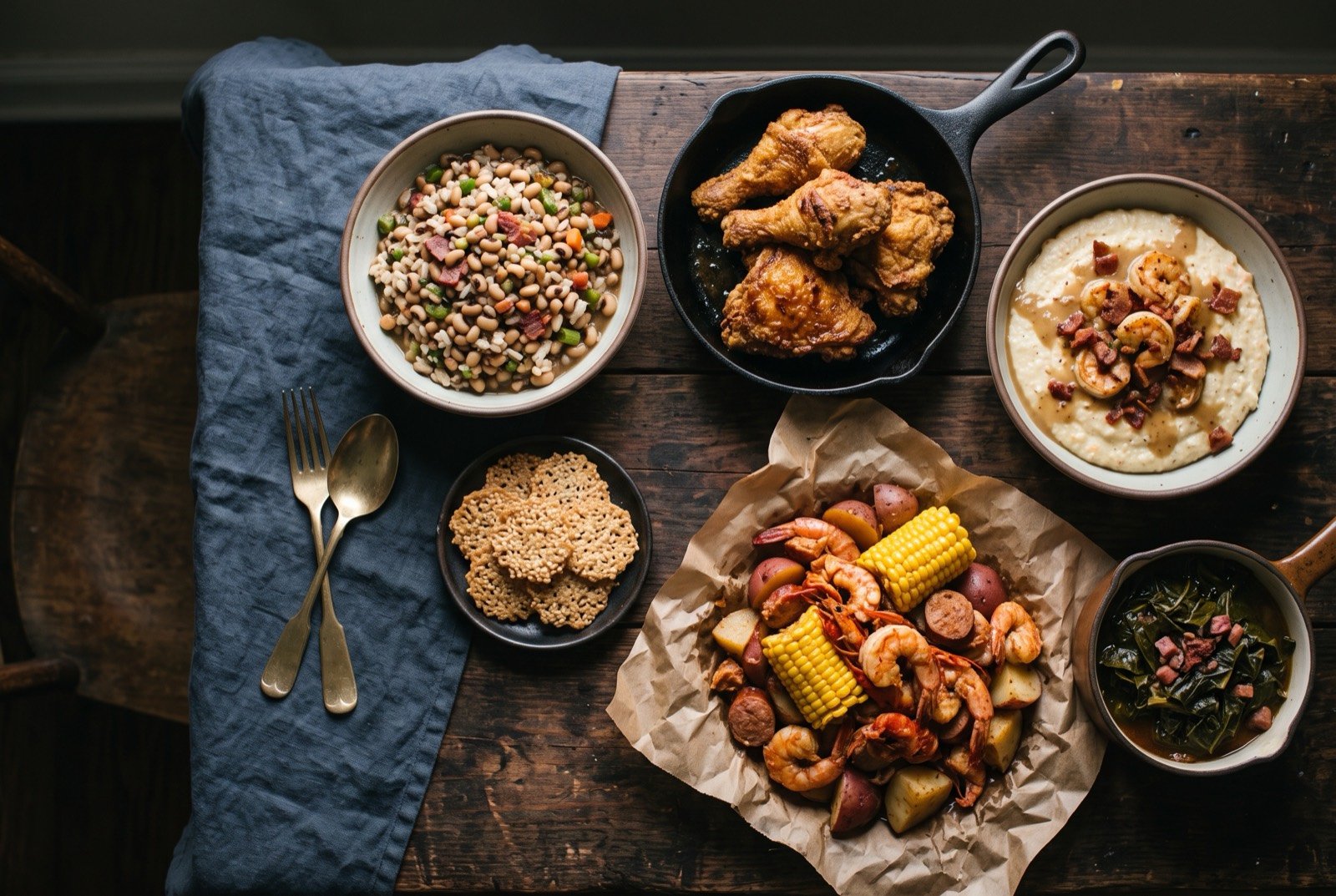 The Lowcountry, Gullah Geechee and Deep South table: a wide dark wooden table seen from above, a bowl of Hoppin' John beside a skillet of glistening fried chicken, a bowl of pale creamy shrimp and grits.