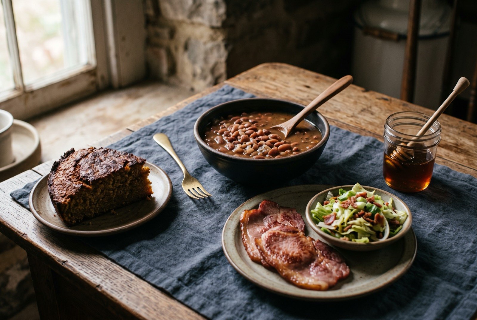 The Appalachia and Upland South table: a rustic wooden table scattered with a bowl of pinto soup beans and potlikker, a wedge of dark skillet cornbread, a few pan-fried slices of country ham.