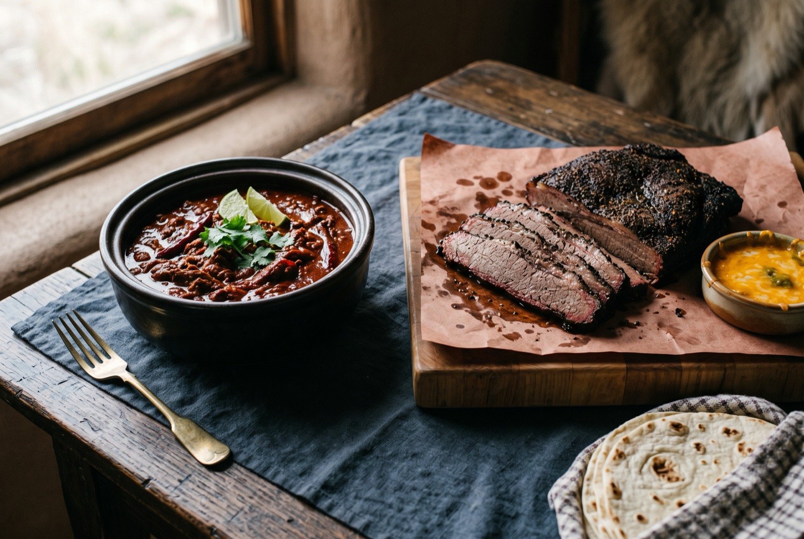 The Rio Grande table, chile con carne and a smoked brisket platter: a dark wooden table set with a pot of deep red chile con carne beside a butcher paper covered board of sliced, peppered bark smoked brisket.