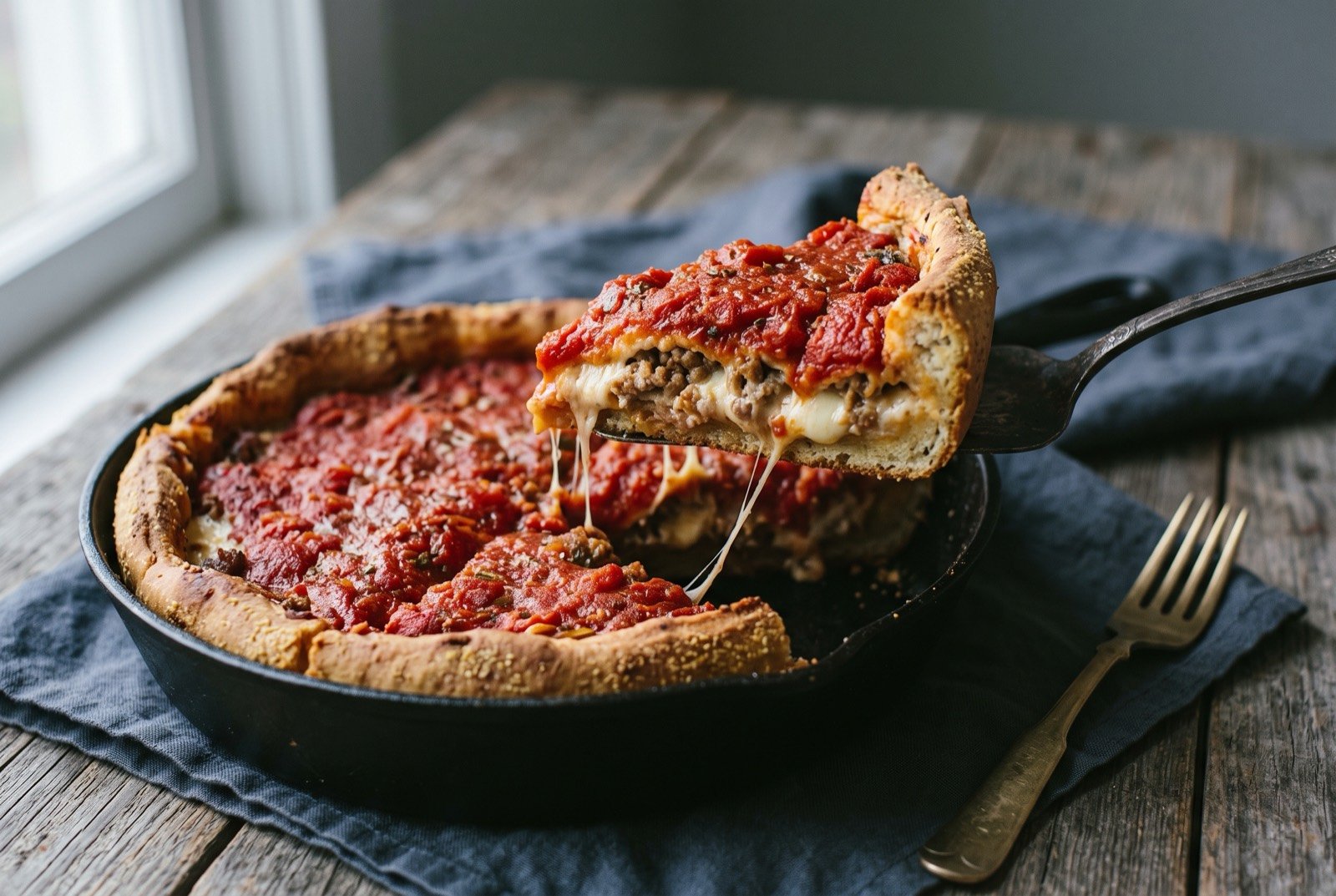 Chicago deep-dish pizza: a thick wedge of deep dish pizza lifted slightly to show tall layers, a golden cornmeal flecked crust, a thick band of melted mozzarella beneath crumbled sausage.