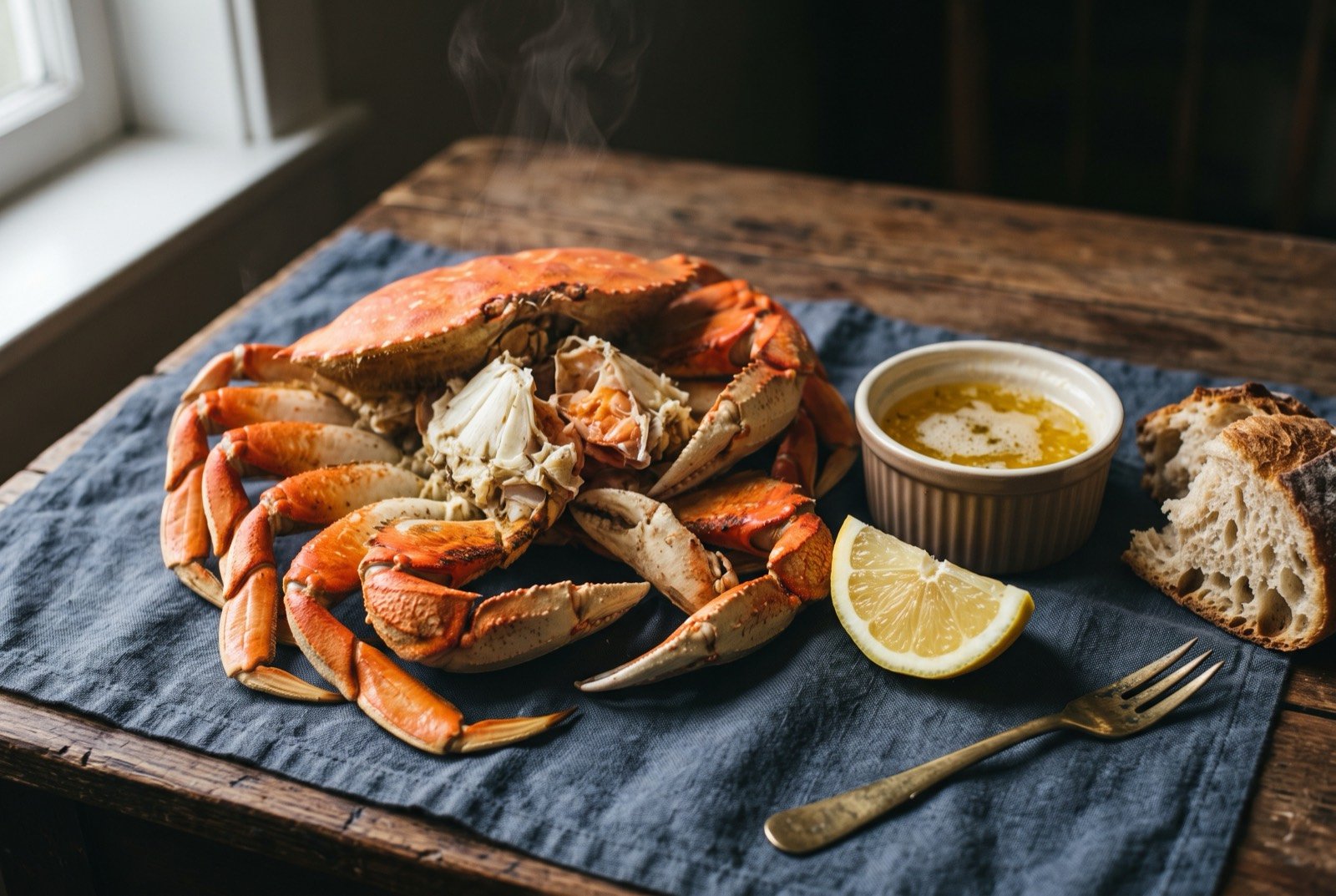 The Dungeness crab feed, cracked crab with melted butter: a mound of cracked, bright orange red Dungeness crab legs and claws piled on the linen, a small ramekin of golden melted butter alongside.