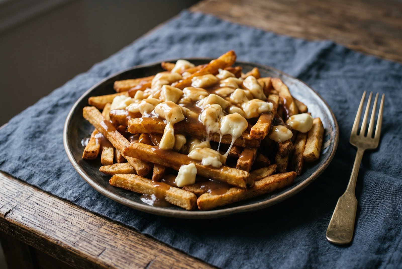 Poutine, double fried potato with fresh cheese curds and gravy: a tangle of golden double fried potato batons piled high on a plate, glossy dark brown gravy pooling and dripping down through the fries.