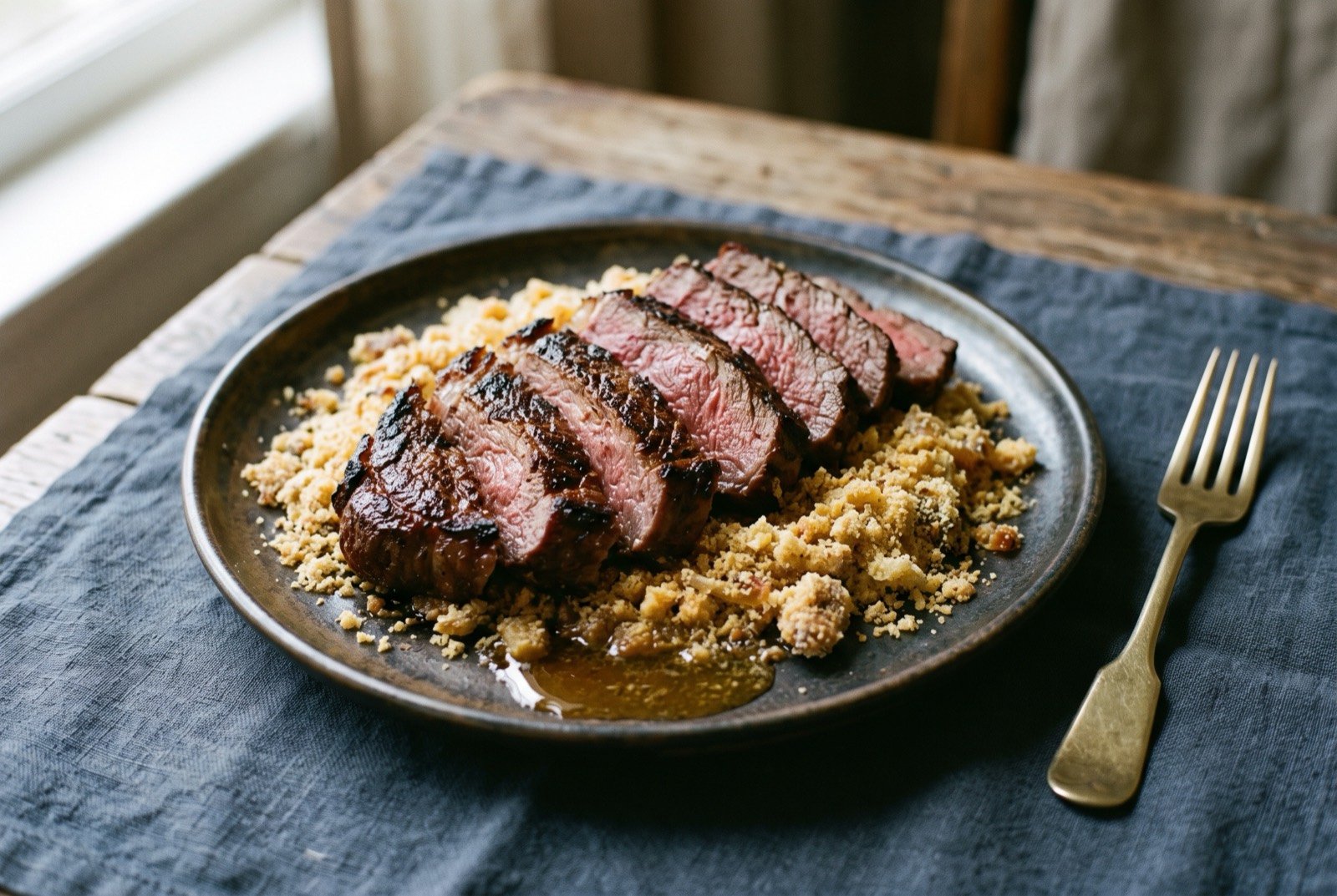 Carne de sol, a light sun and salt cured beef, seared and sliced: thick seared slices of deep reddish brown beef fanned across a plate, a dark caramelised crust on each cut edge, the pink cooked interior visible where sliced.