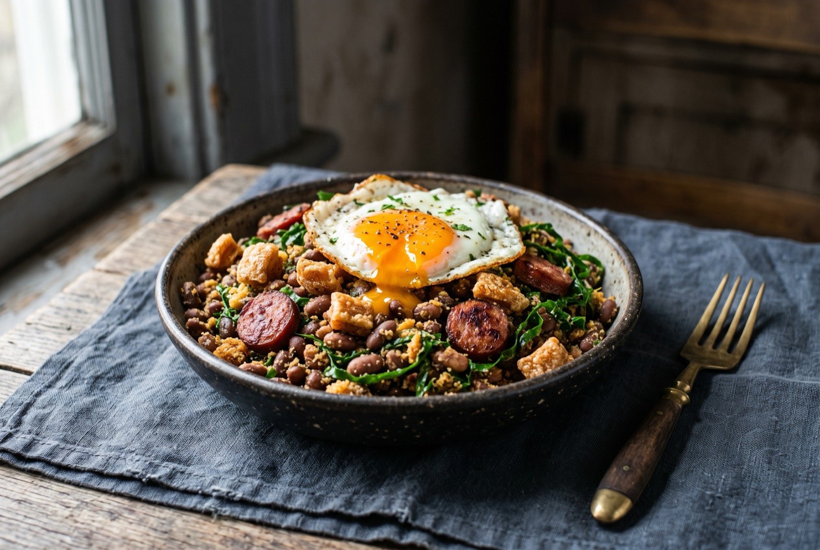 Feijão tropeiro, fried beans with toasted cassava flour and crackling: a heaping mound of dark speckled beans fried together with toasted golden cassava flour, glossy with rendered pork fat, studded with crisp curls of torresmo and browned rounds of sausage.