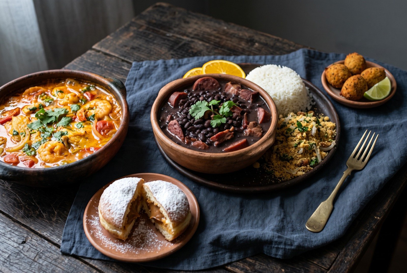 The Rio de Janeiro and Espírito Santo table: a wide dark wooden table seen from above, a deep clay bowl of black feijoada stew at the centre beside a mound of white rice and toasted golden farofa.