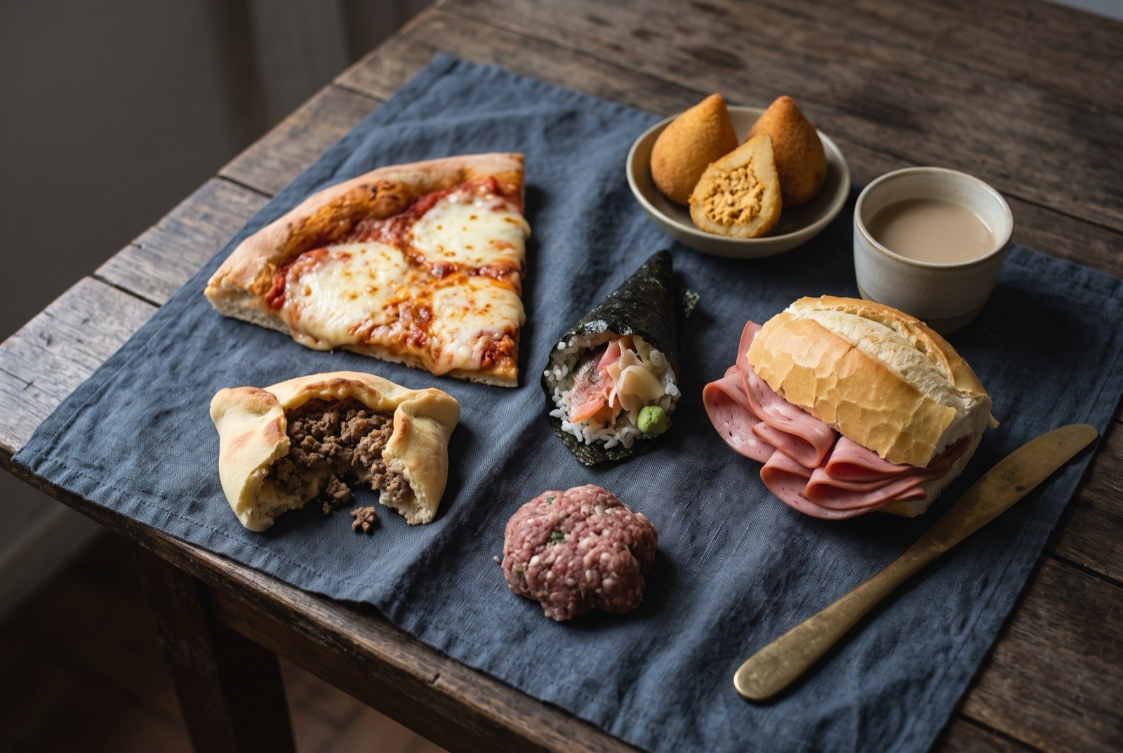 The São Paulo table: a wide dark wooden table seen from above, a thick-crusted pizza slice beside a torn open esfiha and a raw kibe mound, a hand-rolled temaki standing upright.