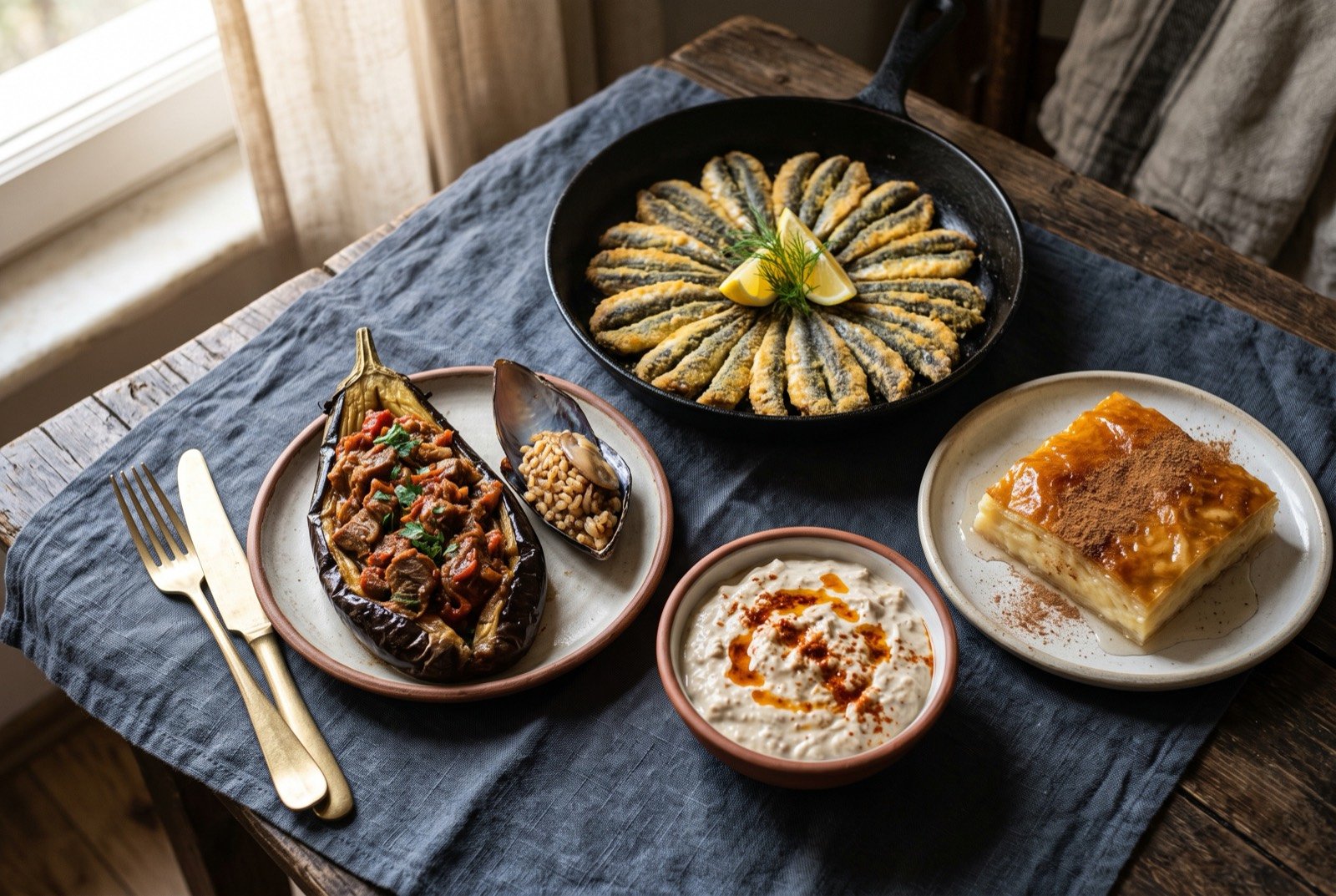 The Istanbul, the Aegean and the Black Sea table: a wide dark wooden table seen from above, a pan of golden cornmeal-crusted hamsi fanned in a radiating star pattern beside a whole smoked aubergine split open under a spoonful of lamb tas kebabı.