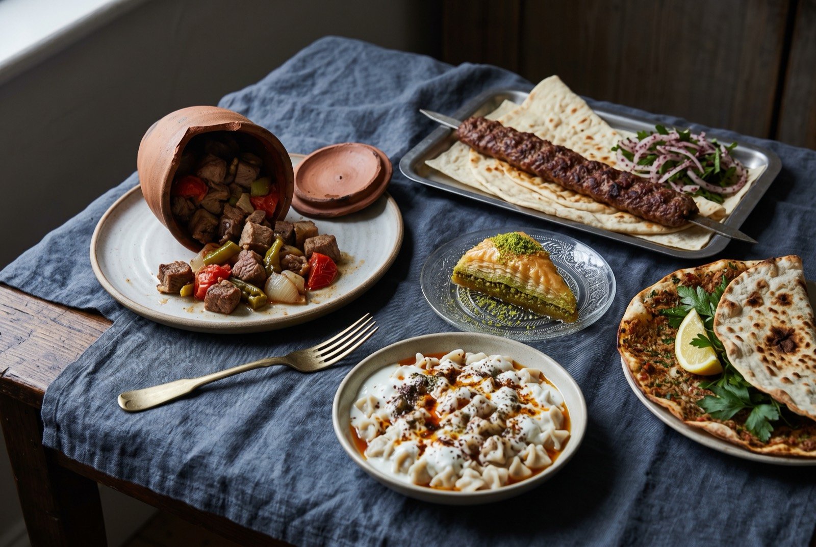The Central and Southeastern Anatolia table: a wide dark wooden table seen from above, a broken clay pot spilling cubed lamb and vegetables from testi kebabı, a hand pressed Adana kebabı skewer beside it.