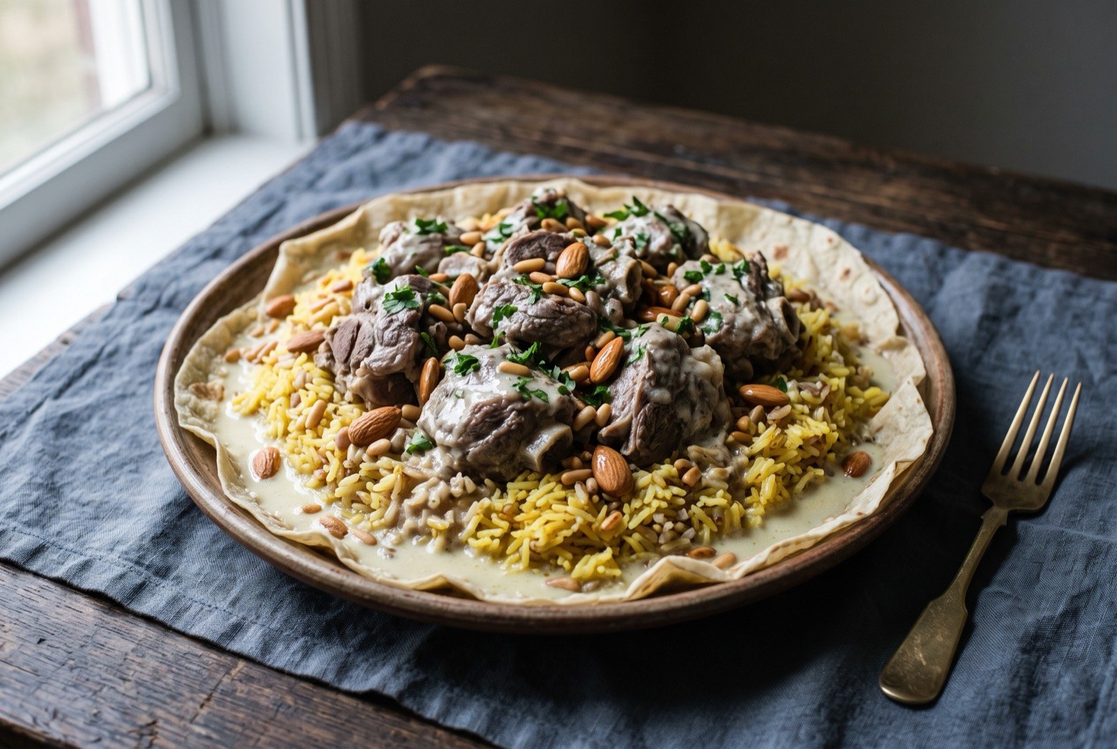 Mansaf, lamb in fermented jameed sauce over rice on shrak bread: a large round communal platter lined with thin shrak flatbread, mounded with rice and bone-in lamb pieces, glossy pale sauce pooling into the rice at the edges.