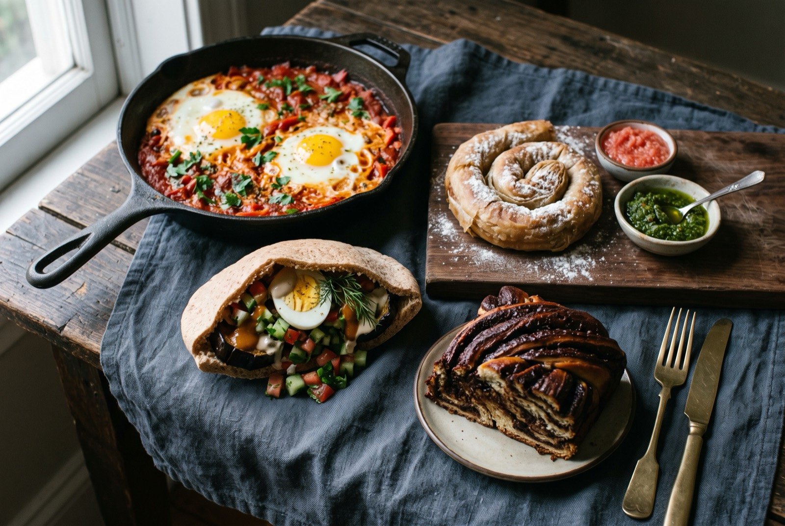 The Israel table: a wide dark wooden table seen from above: a pan of shakshuka with two eggs nestled in red sauce, a split pitta stuffed with sabich.