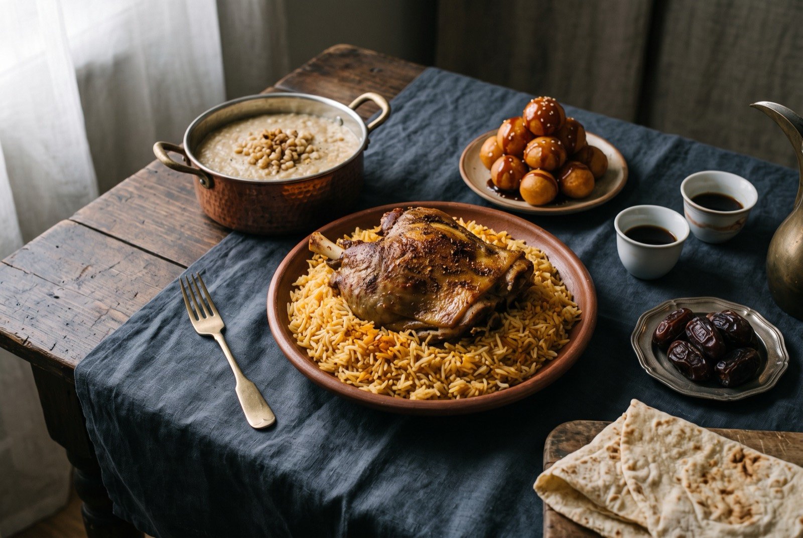 The Najd, Kuwait, Qatar, Bahrain and the UAE table: a wide dark wooden table seen from above, a mound of amber saffron-flecked rice topped with a whole roasted lamb shoulder at the centre.