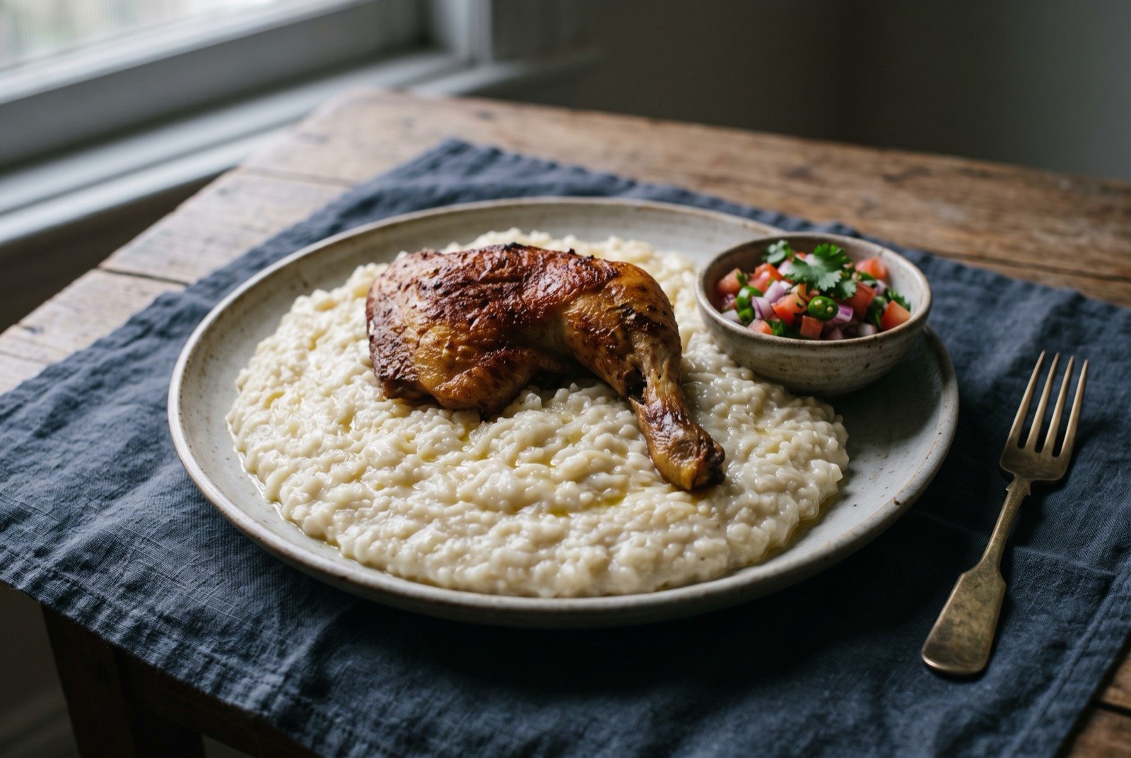 Saleeg, Taif's creamy milk rice with roast chicken: a wide round platter of pale, softly collapsed rice with a milky sheen, a whole roasted chicken piece resting on top with deep golden skin.