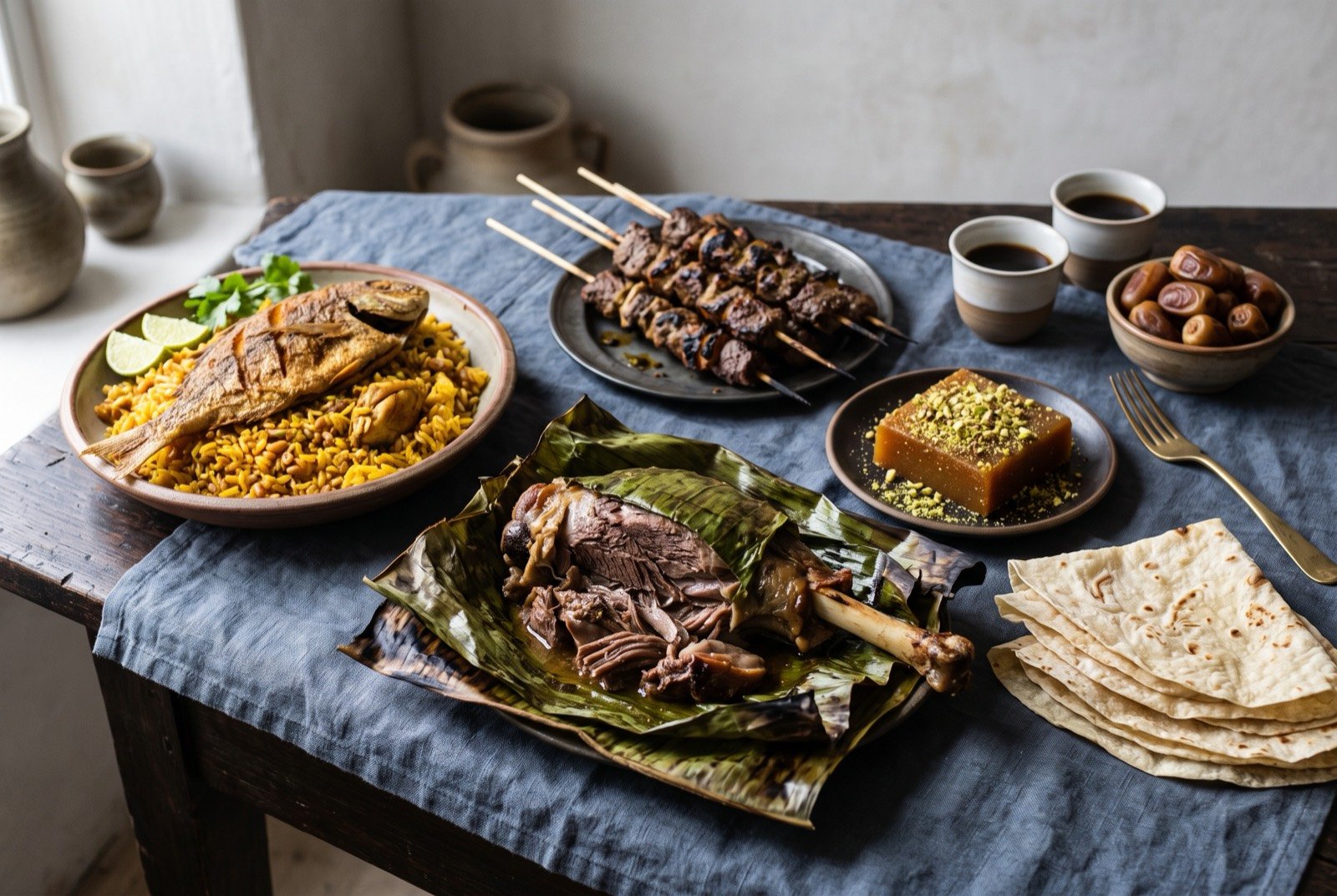 The Oman table: a wide dark wooden table seen from above, a whole banana-leaf-wrapped shoulder of pit-roasted shuwa unwrapped at its centre falling from the bone.