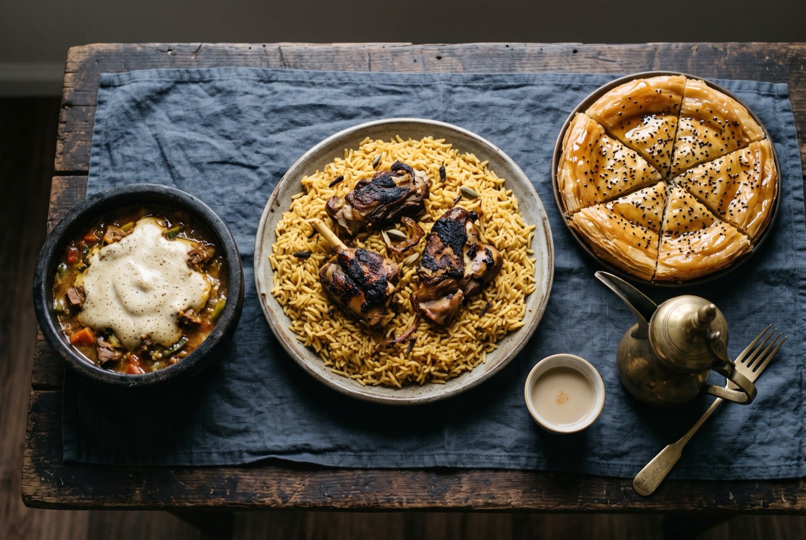 The Yemeni table: a wide dark wooden table seen from above, a large platter of golden pit-roasted mandi rice and mutton at its centre, a stone bowl of saltah with its pale fenugreek froth beside it.