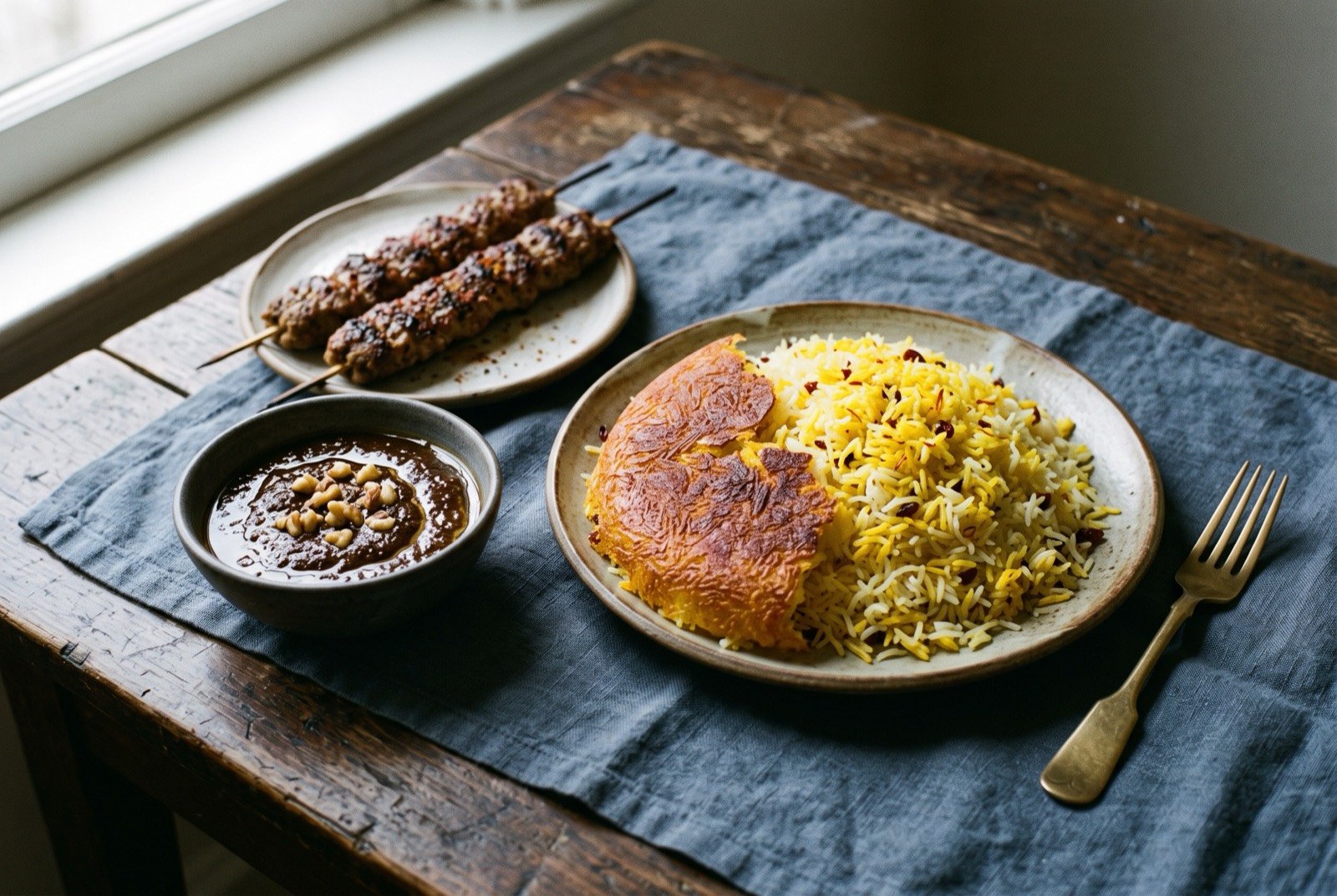 The Iran table: a wide dark wooden table seen from above, a mound of golden saffron rice with a large shard of crisp golden tahdig crust propped beside it.