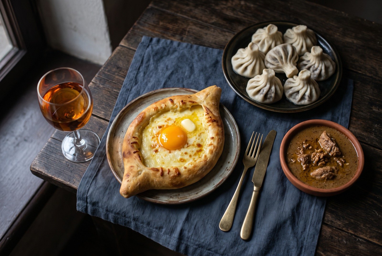 The Georgia table: a wide dark wooden table seen from above, a cluster of pleated khinkali dumplings piled on a board, a boat shaped khachapuri acharuli split open with its egg and butter centre glistening.