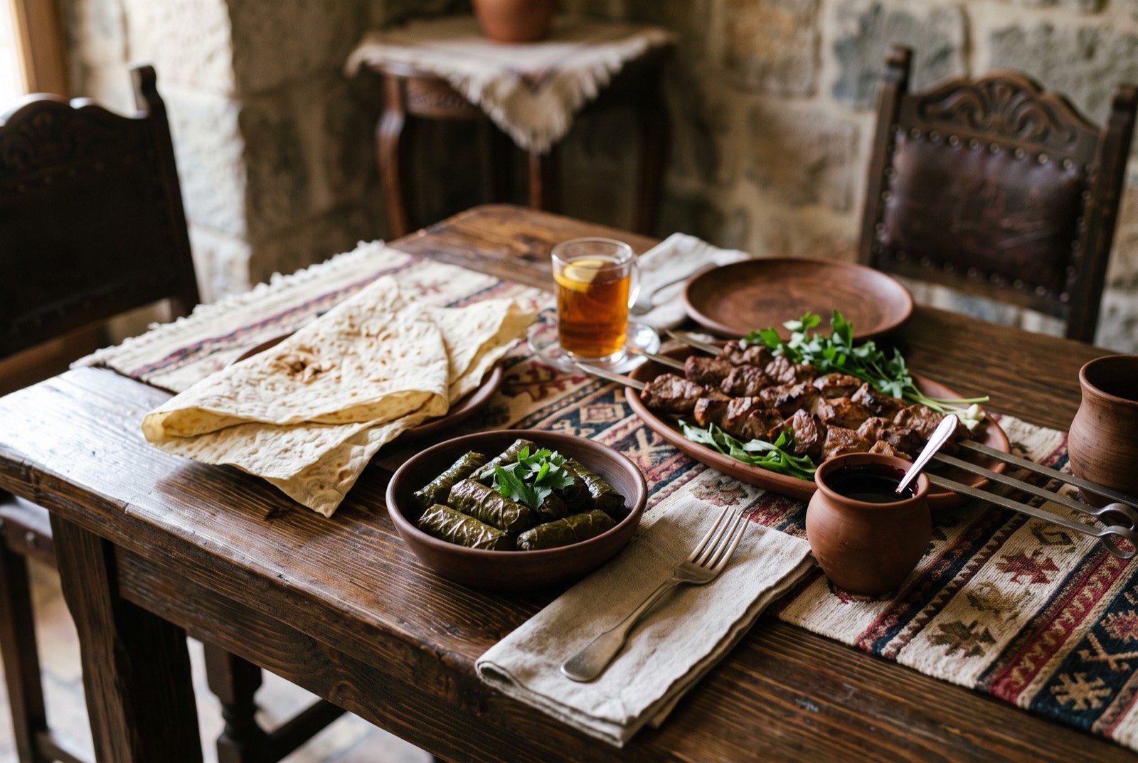 The South Caucasus table: a wide dark wooden table seen from above, a skewer of charred khorovats meat, a small pile of tightly rolled tolma vine leaves.