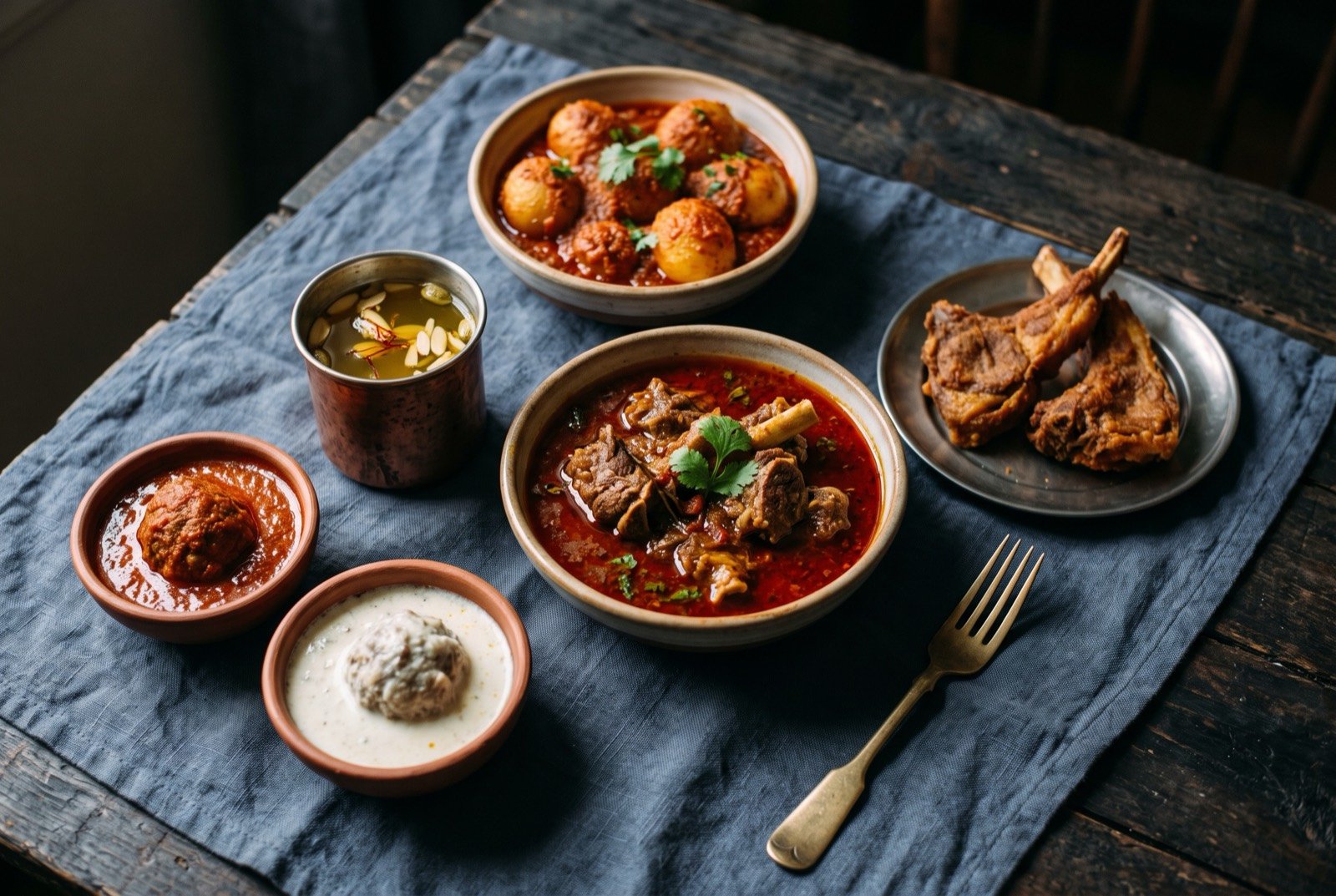 The Kashmir, Jammu and Himachal Pradesh table: a wide dark wooden table seen from above, bone-in lamb in deep red rogan josh gravy, two pounded meatballs of gushtaba and rista side by side.
