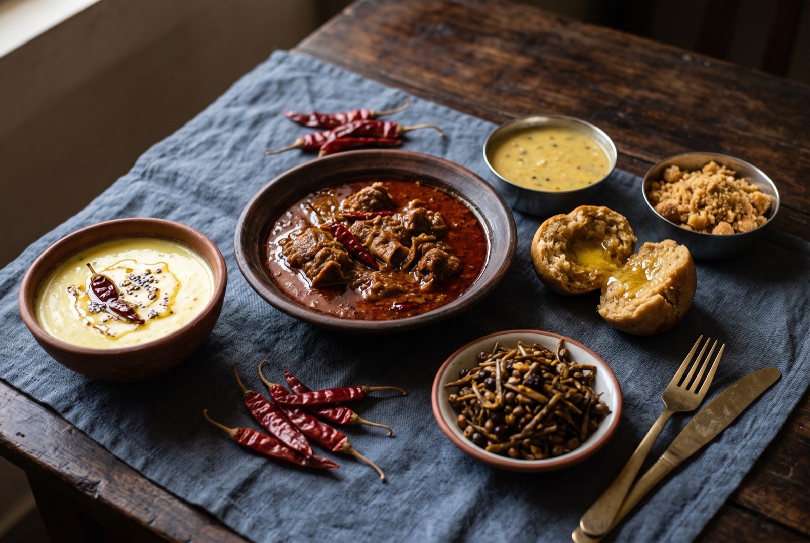 The Rajasthan table: a wide dark wooden table seen from above, a shallow bowl of deep brick-red laal maas glistening in its reduced gravy beside a split golden baati ball glossy with ghee and a small steel bowl of pale dal and loose golden churma crumble.