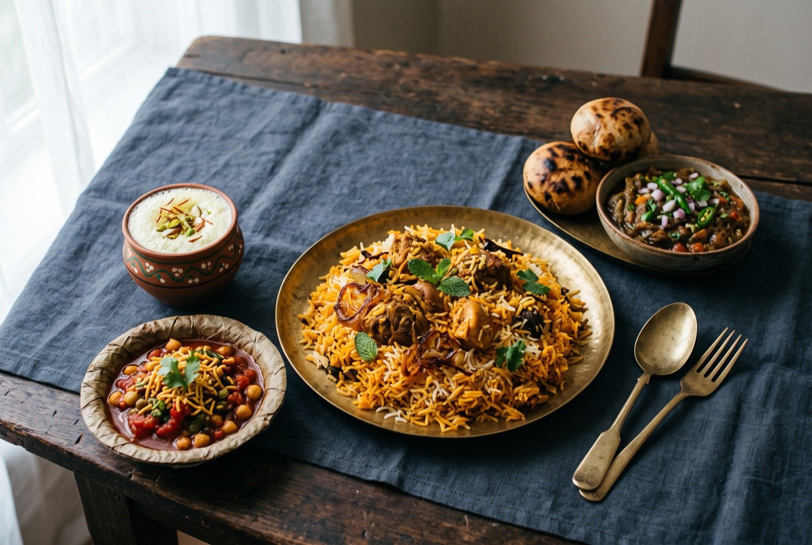 The Gangetic Plain table: a wide dark wooden table seen from above, a platter of golden saffron dum biryani at its centre, a stack of two smoky litti chokha balls beside it.