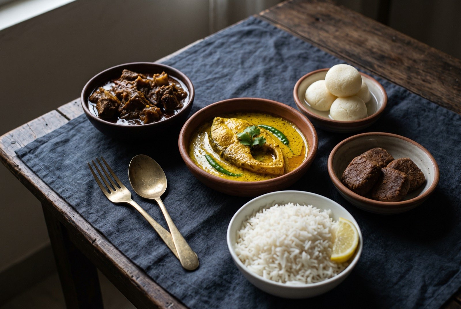 The Bengal and Bangladesh table: a wide dark wooden table seen from above, a piece of hilsa in glossy mustard sauce at the centre, a dark reduced bowl of kosha mangsho beside it.
