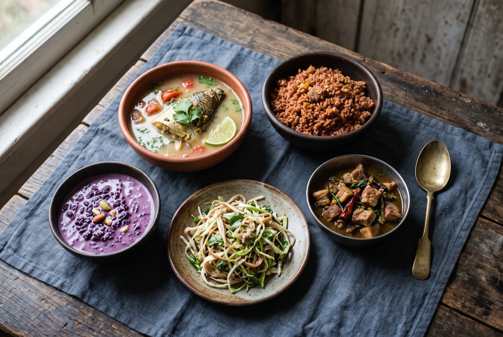 The Northeast, Assam and the Hill States table: a wide dark wooden table seen from above, a bowl of pale sour masor tenga fish curry, a mound of rust-red jadoh rice, a dark stew of smoked pork with bamboo shoot.
