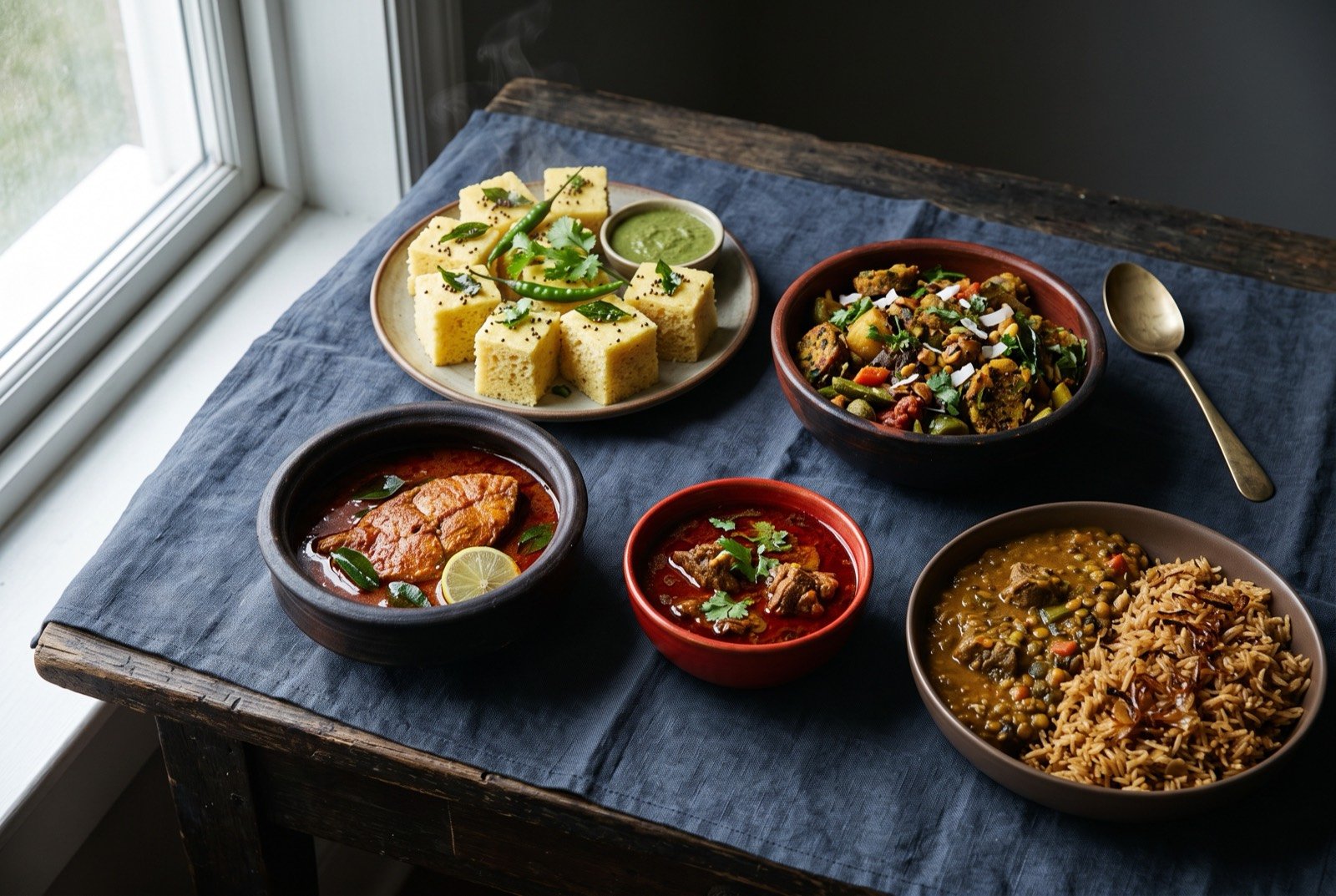 The Gujarat and Maharashtra table: a wide dark wooden table seen from above, squares of pale yellow steamed dhokla, a mound of mixed vegetable undhiyu, a bowl of orange-red misal pav with a bread roll.