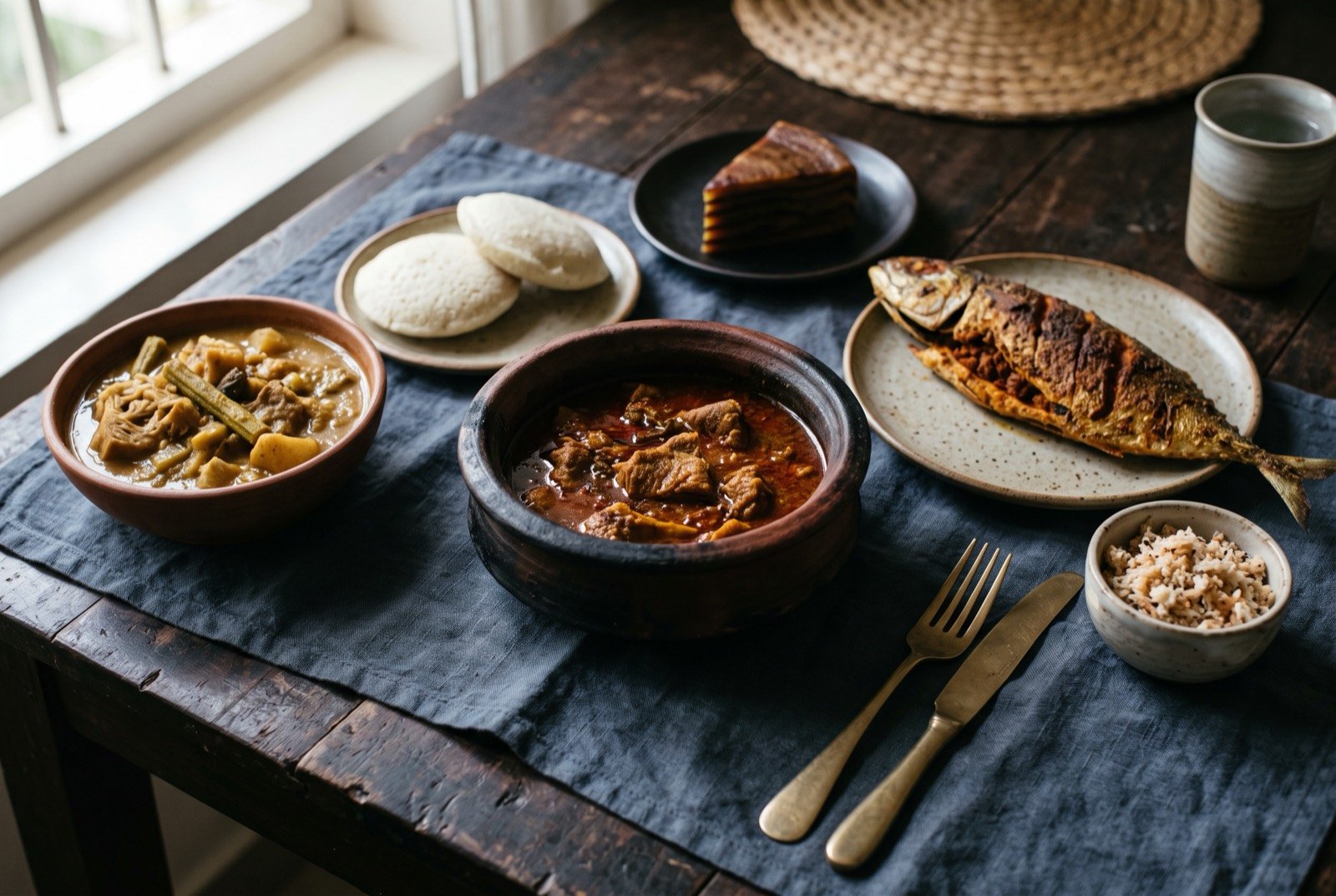 The Goa table: a wide dark wooden table seen from above, a deep reddish-brown pork vindalho in a blackened clay pot at the centre, a whole fried fish recheado beside it with dark red-orange stuffing visible at a slit in its crisp skin.