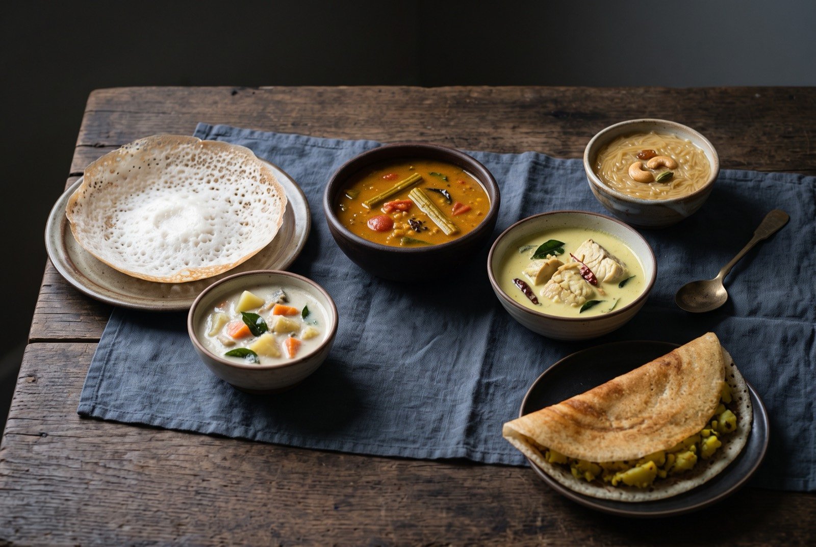 The Kerala and Tamil Nadu table: a wide dark wooden table seen from above, a lacy appam beside a small bowl of pale coconut stew, a bowl of orange-brown sambar.