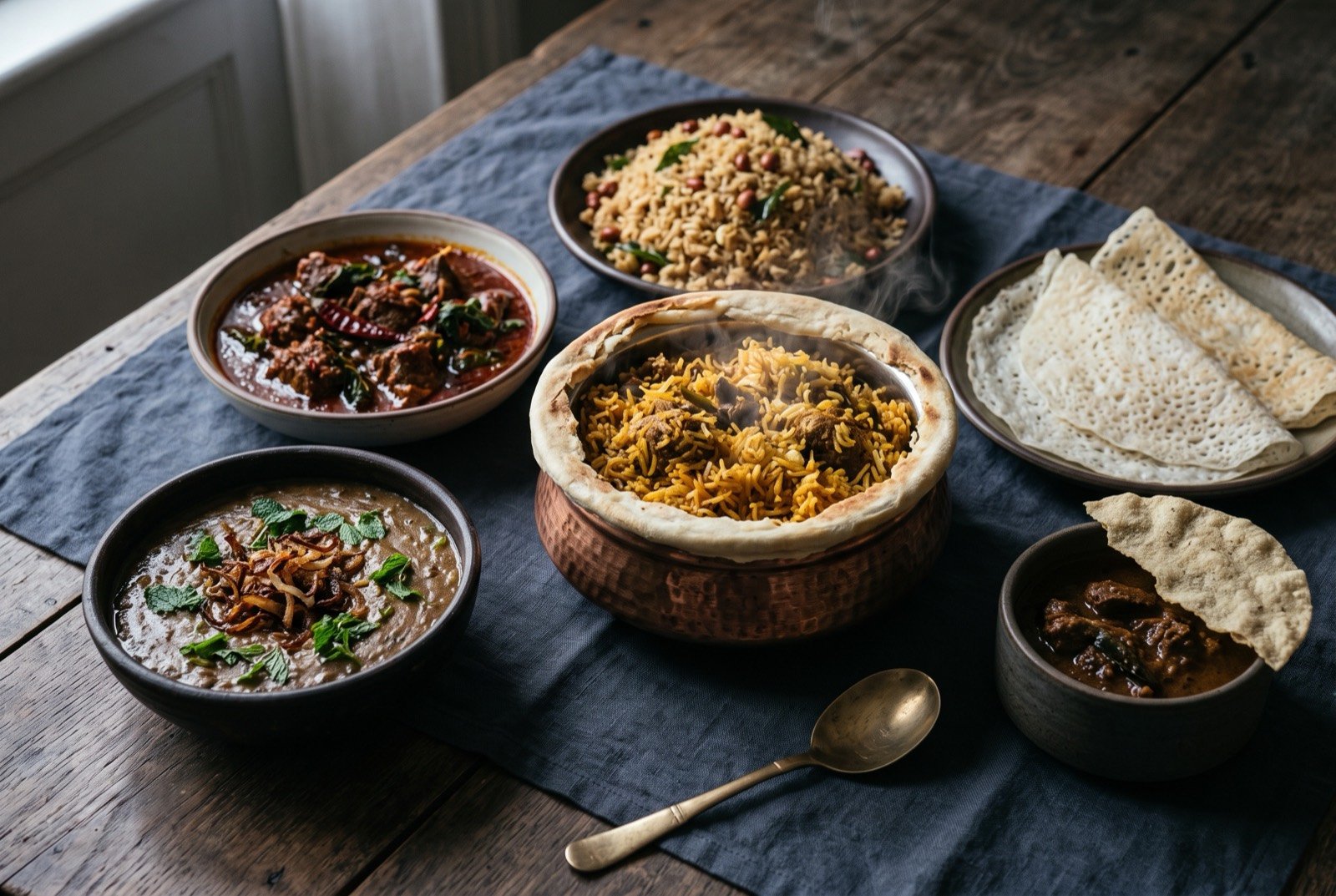 The Andhra, Telangana and Karnataka table: a wide dark wooden table seen from above, a deep copper handi of kacchi dum biryani at the centre with its dough seal broken open and steam rising.