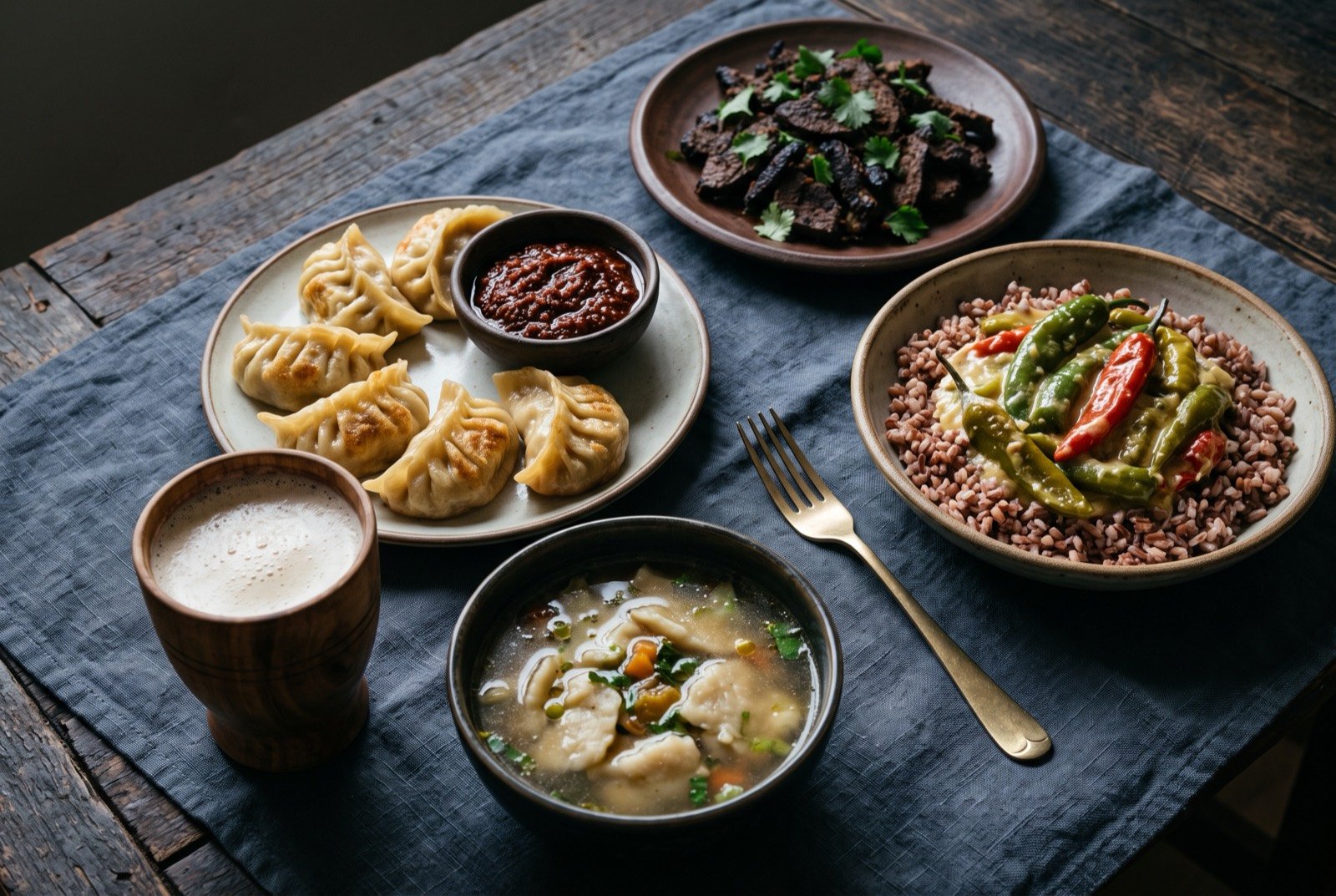 The High Himalaya table: a wide dark wooden table seen from above, a plate of golden-crusted pleated momo beside a small bowl of dark red dipping sauce.