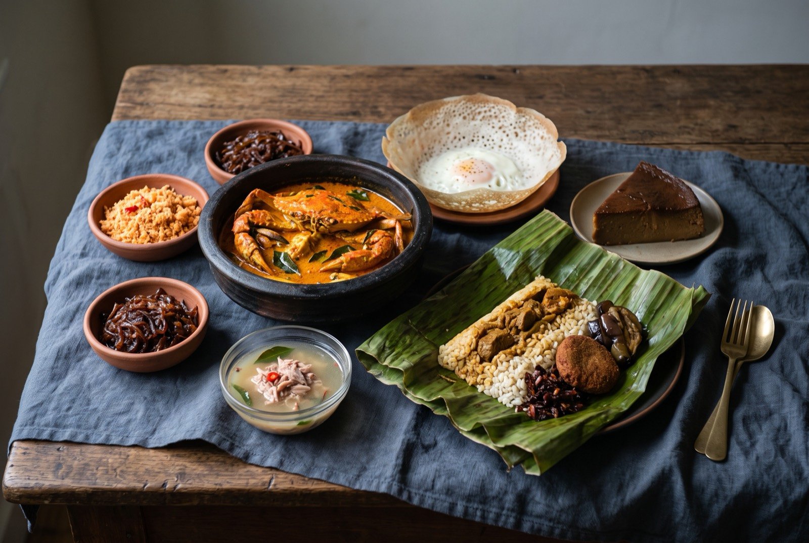 The Sri Lanka and the Maldives table: a wide dark wooden table seen from above, a bright orange Jaffna crab curry in a blackened clay pot at the centre, a bowl-shaped lacy egg hopper beside it.