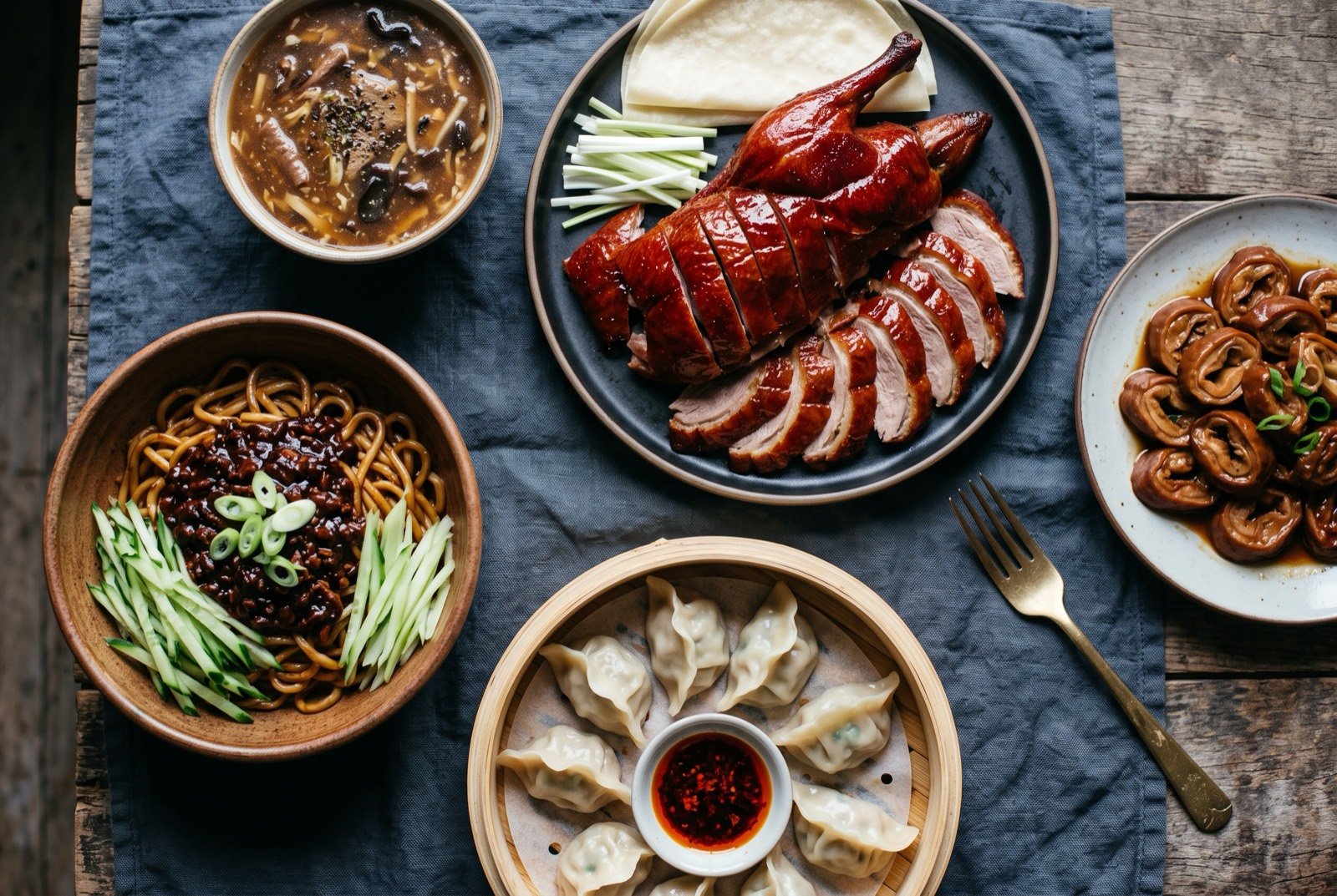 The Beijing, Tianjin, Hebei, Henan and Shandong table: a wide dark wooden table seen from above, a whole lacquered mahogany-red Peking duck carved into glossy slices, a bamboo steamer of pale jiaozi dumplings.