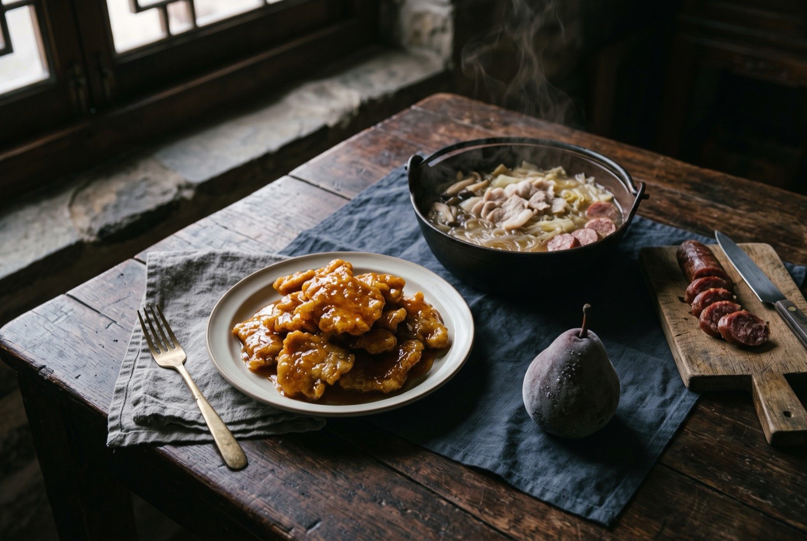 The Northeast, Dongbei table: a wide dark wooden table seen from above, a plate of glossy golden brown guobaorou catching the light, a dark iron pot of suan cai stew with pale sliced pork and sausage.