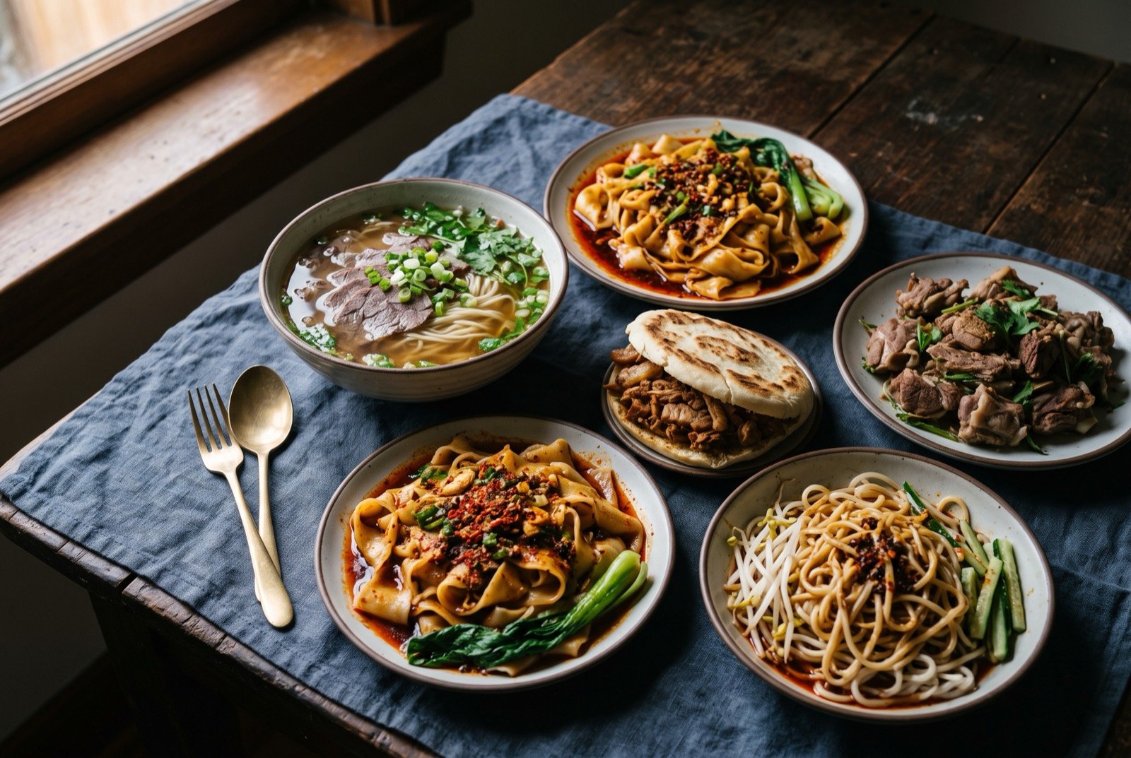 The Northwest Wheat-Noodle and Hui Muslim World table: a wide dark wooden table seen from above, a bowl of hand-pulled Lanzhou lamian noodles in clear broth, a split roujiamo flatbread stuffed with braised meat.