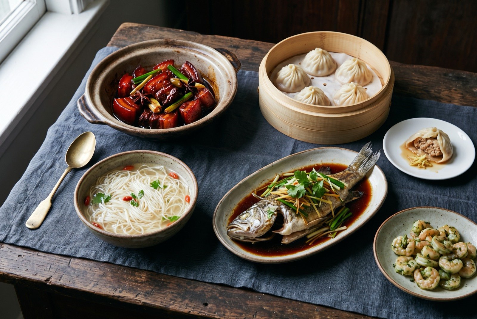 The Jiangnan table: a wide dark wooden table seen from above, a shallow clay pot of glossy dark red-braised pork belly beside a bamboo steamer basket of pleated soup dumplings with one cut open to show its filling.